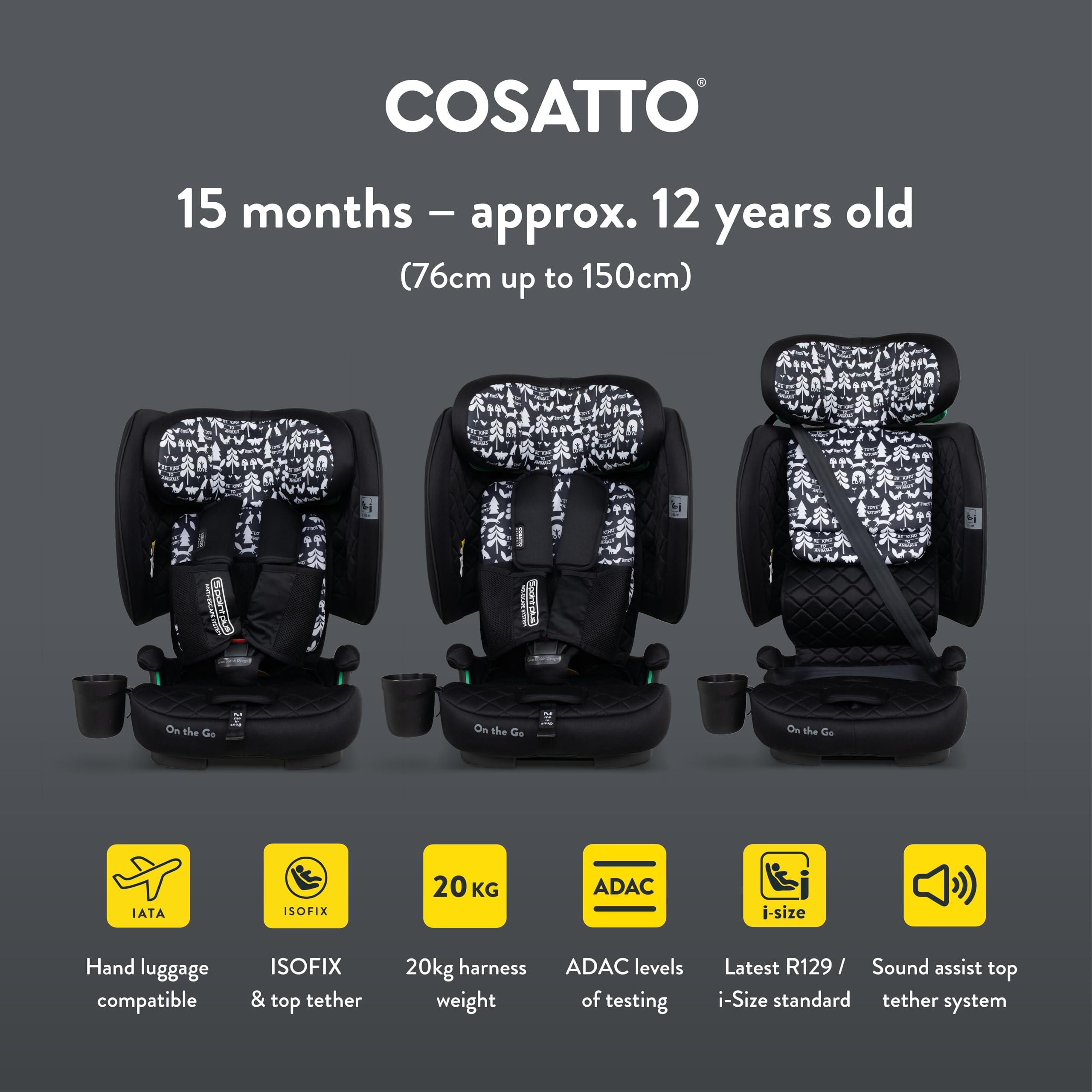 Cosatto On The Go faltbarer Reise-Kindersitz | Gruppe 1 2 3 tragbarer Kindersitz – ab 15 Monaten bis 12 Jahren | ultra-kompaktes – ISOFIX mit Top Tether i-Size R129 Sicherheit (Silhouette)