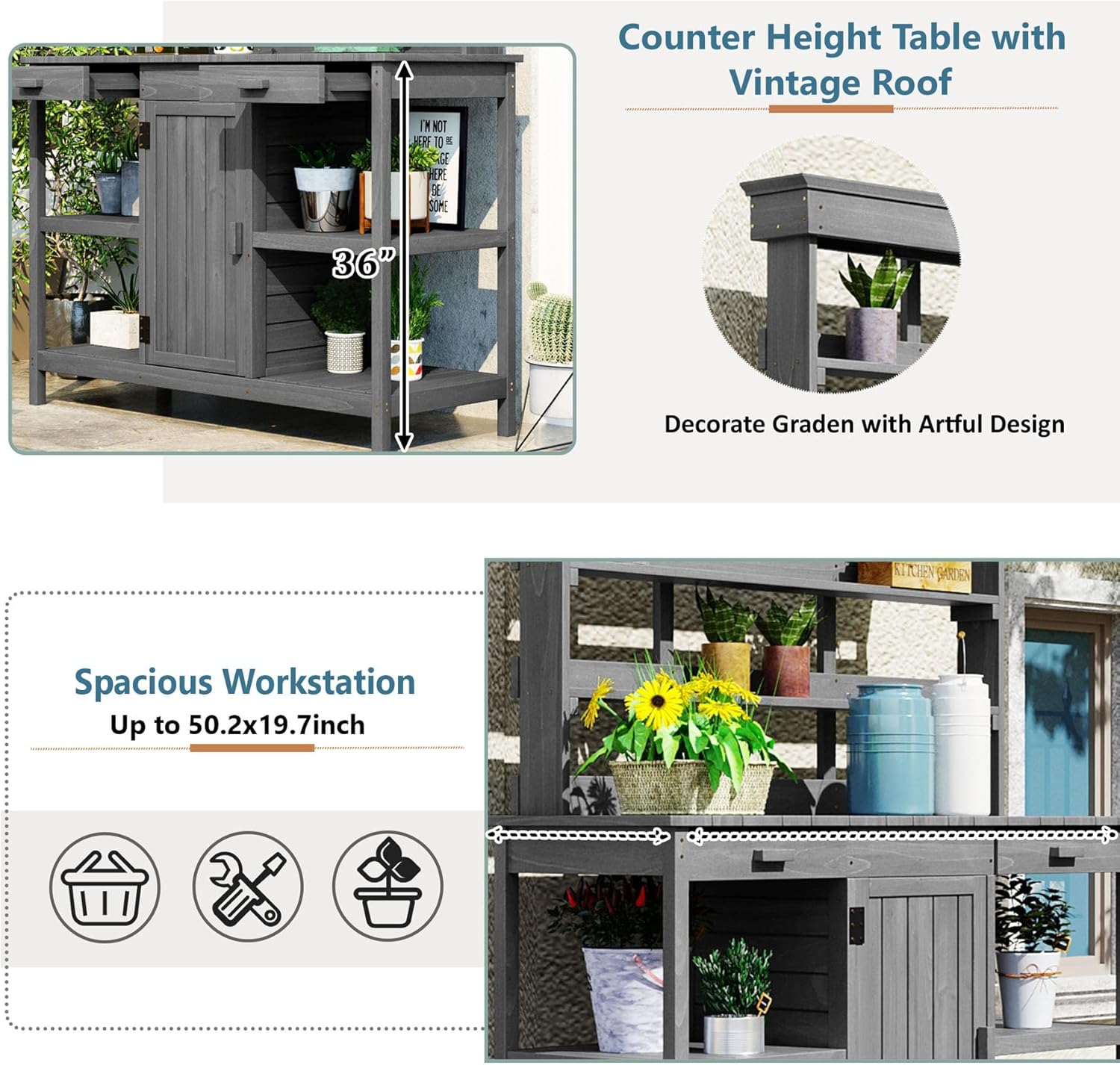 66” Large Outdoor Potting Table with 2 Drawers, Cabinet, Open Shelves, Wooden Potting Bench for Garden, Patio, Farmhouse, Backyard, Spacious Workstation (Grey, 66")