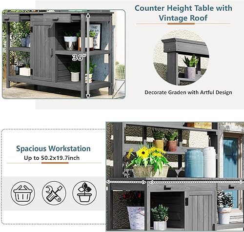 Miniatura 3 de Mesa Grande para Macetas de Exterior de 66" con 2 Cajones, Gabinete, Estantes Abiertos, Banco de Madera para Macetas para Jardín, Patio, Casa de
