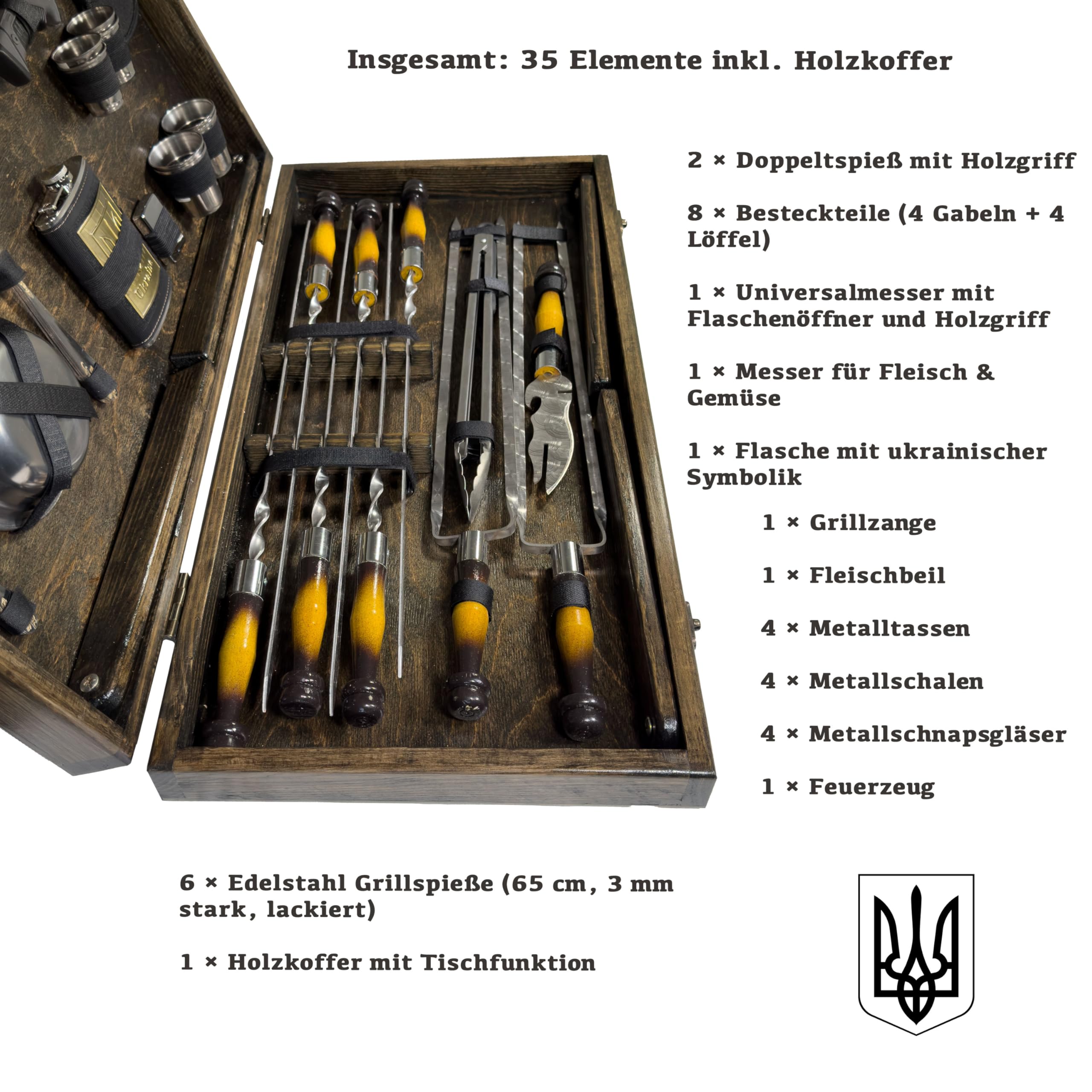 BBQ Grill Geschenkset im Holzkoffer mit Tischfunktion & ukrainischer Symbolik – Premium Grillzubehör für Männer - Geschenk Flasche – Outdoor Grillset für Camping & Garten
