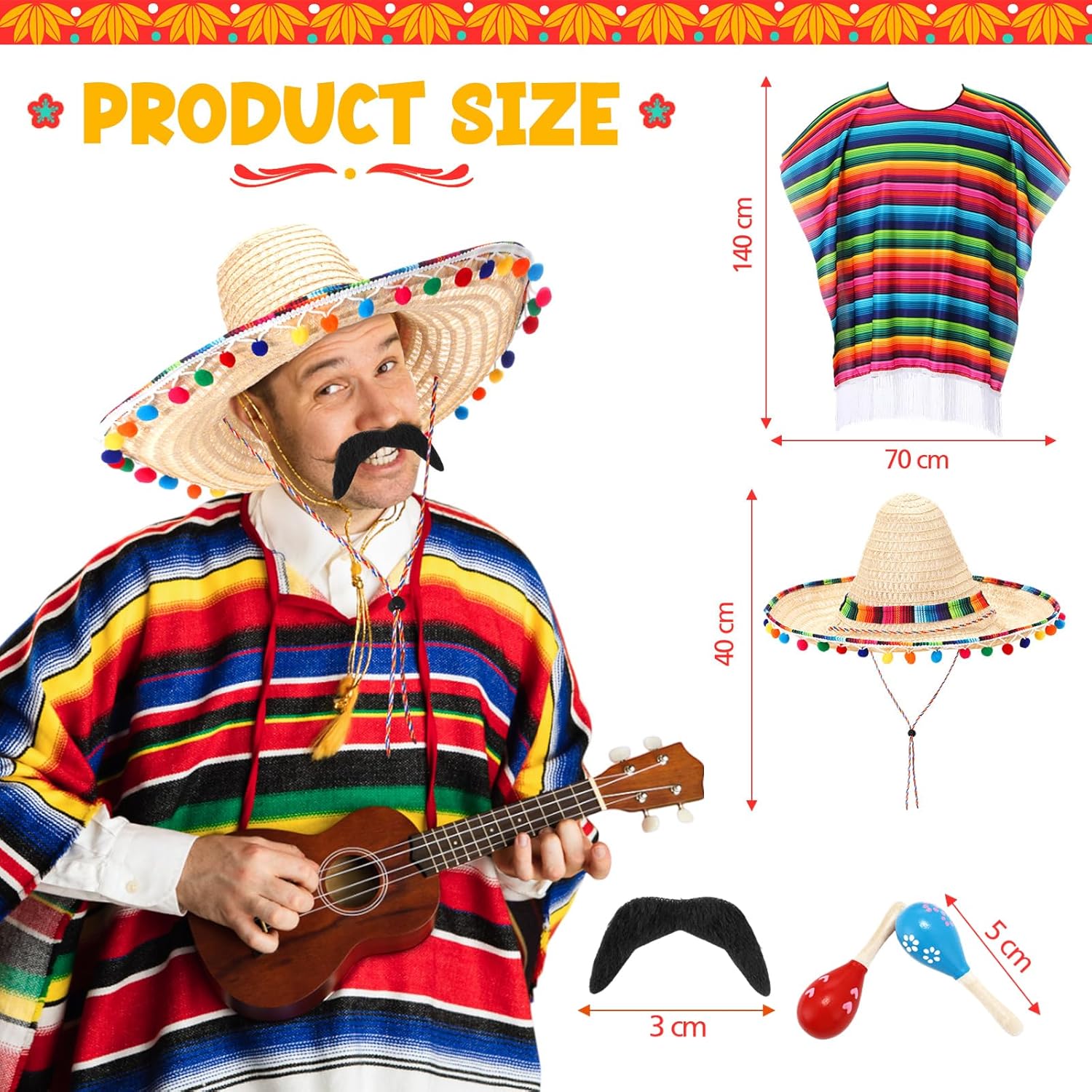 Unittype 6 Pcs Mxeican Costume Set Sombrero Hat Serape Poncho Mustache Maracas Fiesta Outfit Mexco Accessories