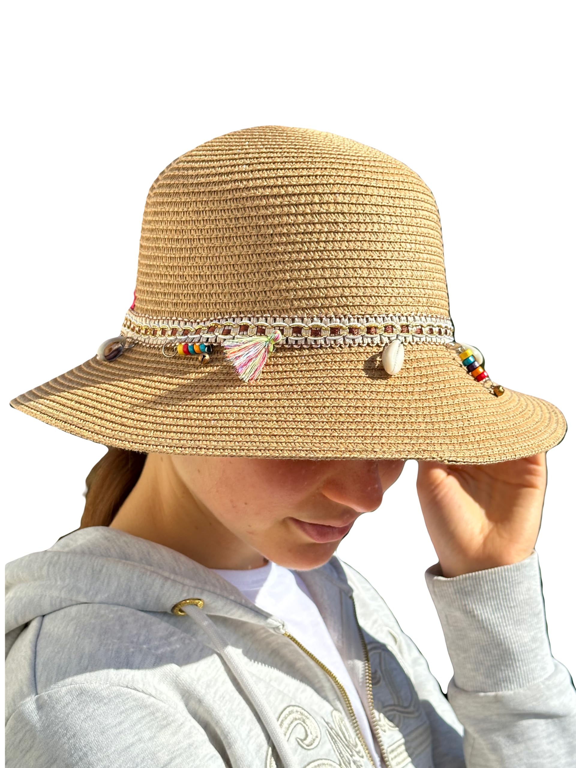 MIGURA Sombrero Mujer De Paja Protección Solar Panama Pamela Playa Verano Esparto Gorra para Sol Visera Enrollable con Conchas y Decoraciones