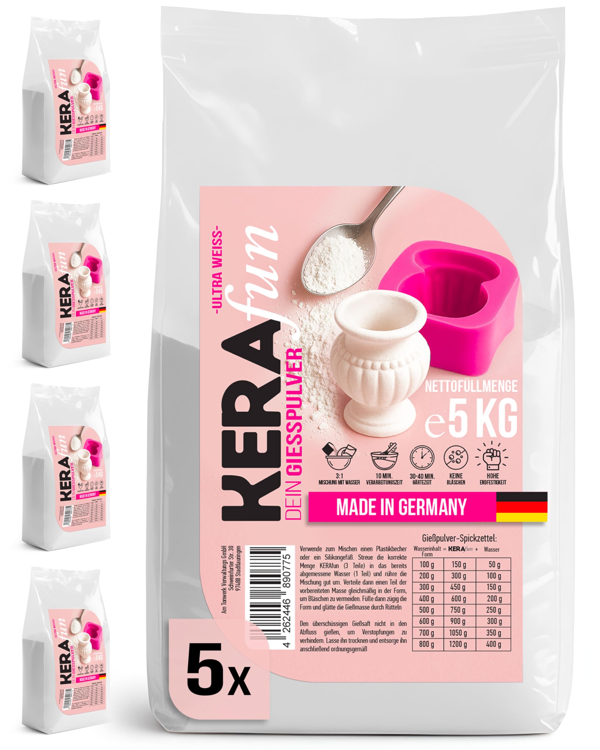 KERAfun Reliefgießpulver - 25 kg (5 x 5 kg) - weiß - Gießmasse als Keramikpulver