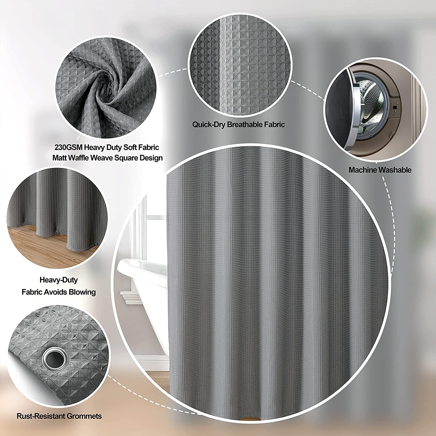 MISS SELECTEX Rideau de douche extra large en tissu épais gaufré pour salle de bain, rideau de douche en tissu imperméable et durable lavable en machine (450 x 183 cm, gris)