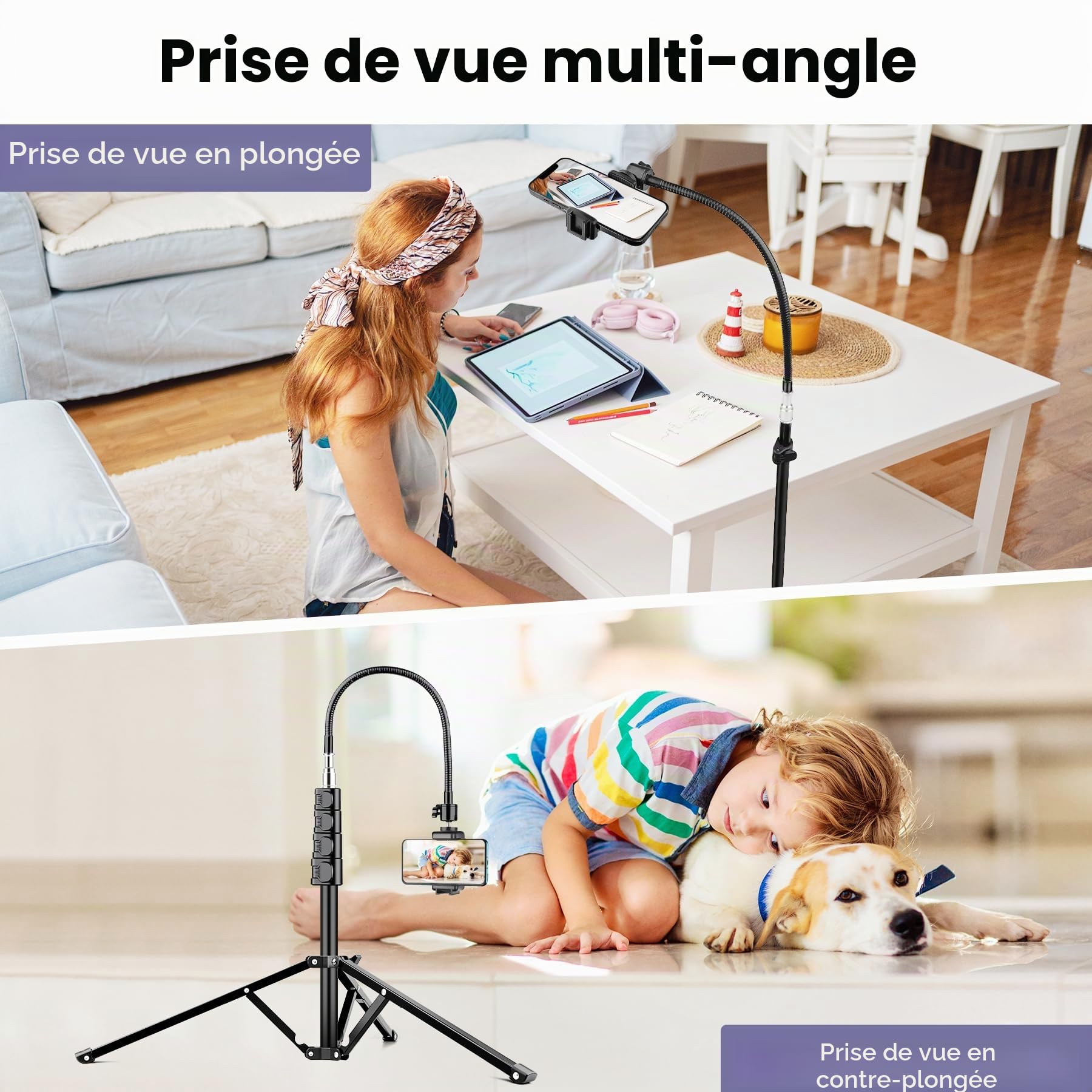 Victiv 224cm Haute Trepied Smartphone, Trépied Téléphone en Aluminium avec Col de Cygne Réglable, Télécommande, Support Telephone, Extensible Trépieds Appareil Photo avec Rotule à 360° pour DSLR Canon