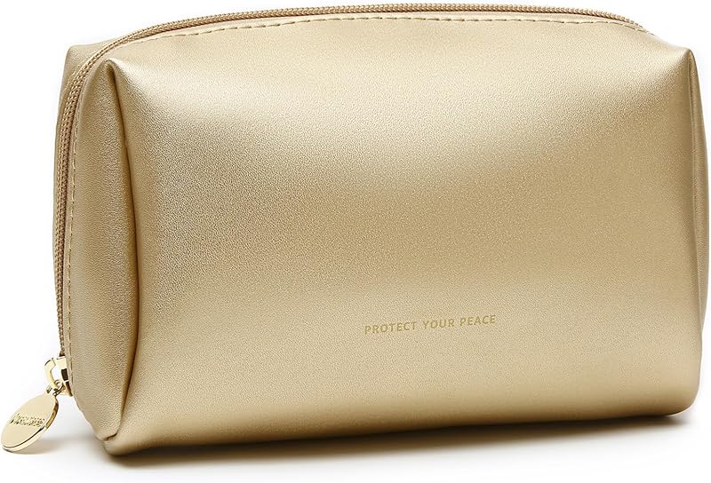 Necessaire de maquiagem Aveniee em couro vegano dourado com divisórias e zíper