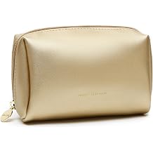 Aveniee Small Travel Makeup Bag, Vegan Leather Cosmetic Pouch for Purse,Wide-open Toiletry Organizer with Dividers & Zipper, Beauty Storage for Women-Gold