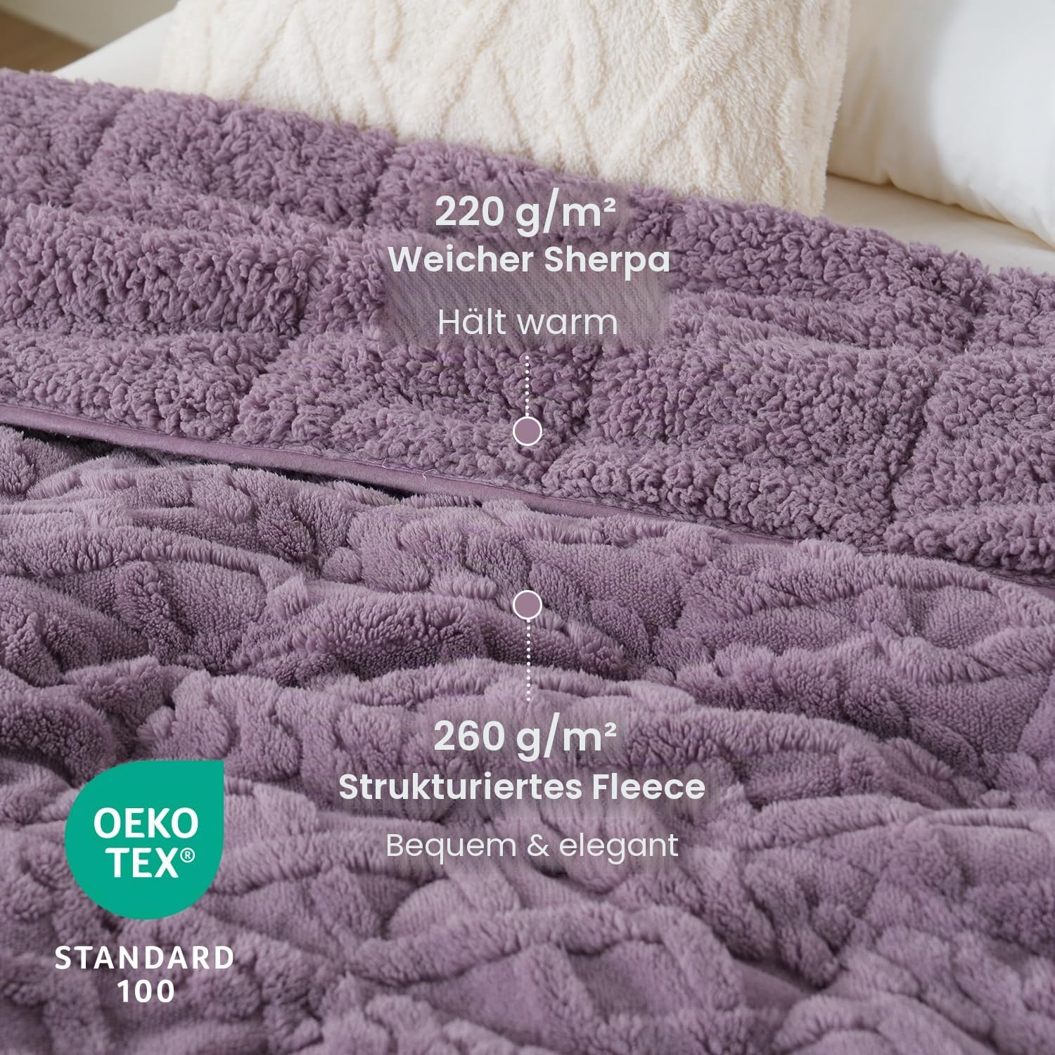 20 kg gewichtete Decke für Erwachsene, dicke flauschige Jacquard-Sherpa-Decke in Queen-Size mit Keramikperlen, weiche gemütliche Sofadecke zum Beruhigen und Entspannen, Lila, 152 x 203 cm