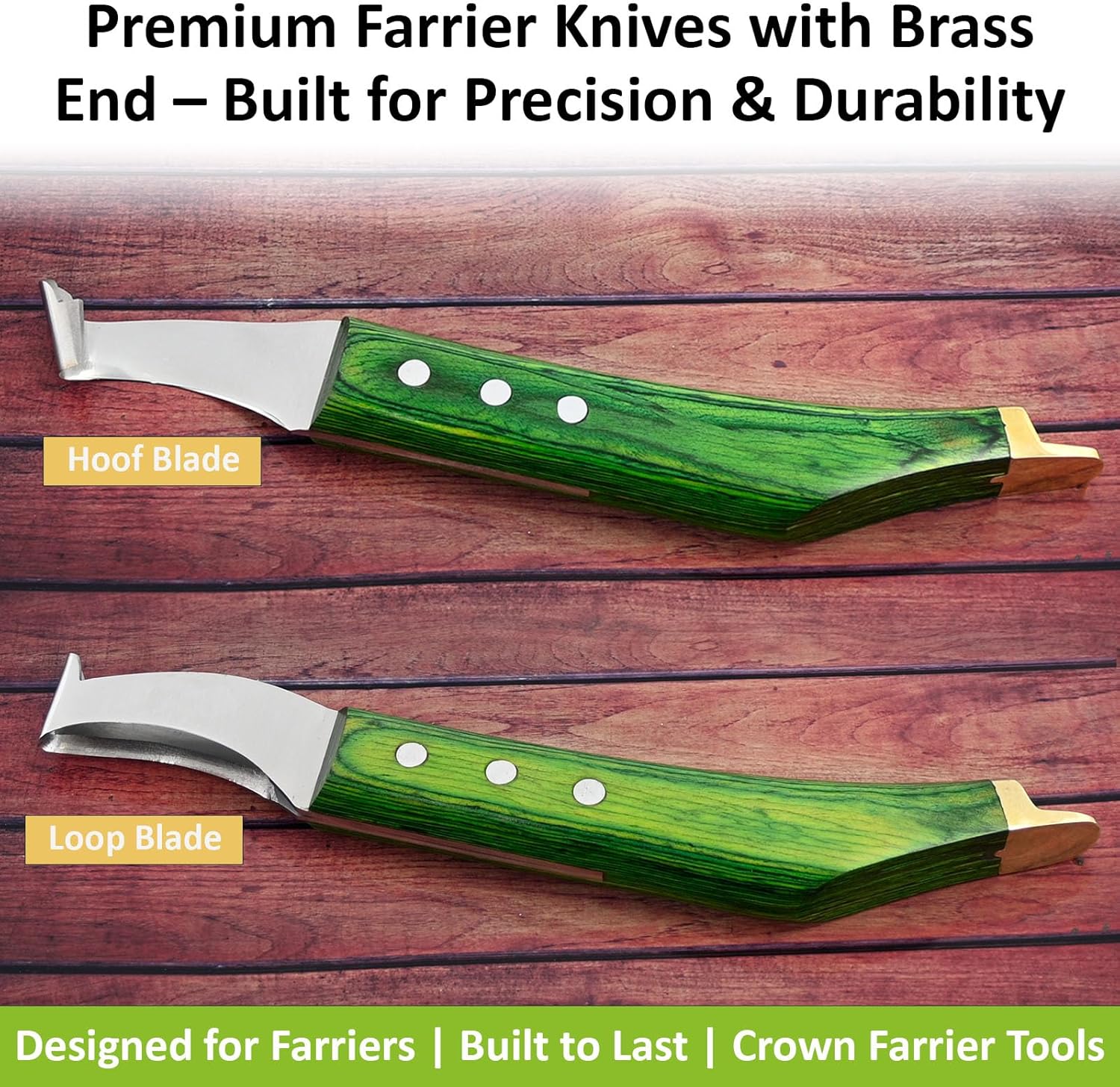 Premium Farrier Loop & Hoof Knife with Brass End – Professional Hoof Trimming Tool for Horses, Cows & Livestock, Stainless Steel Blade, Ergonomic Wood Handle (Green)