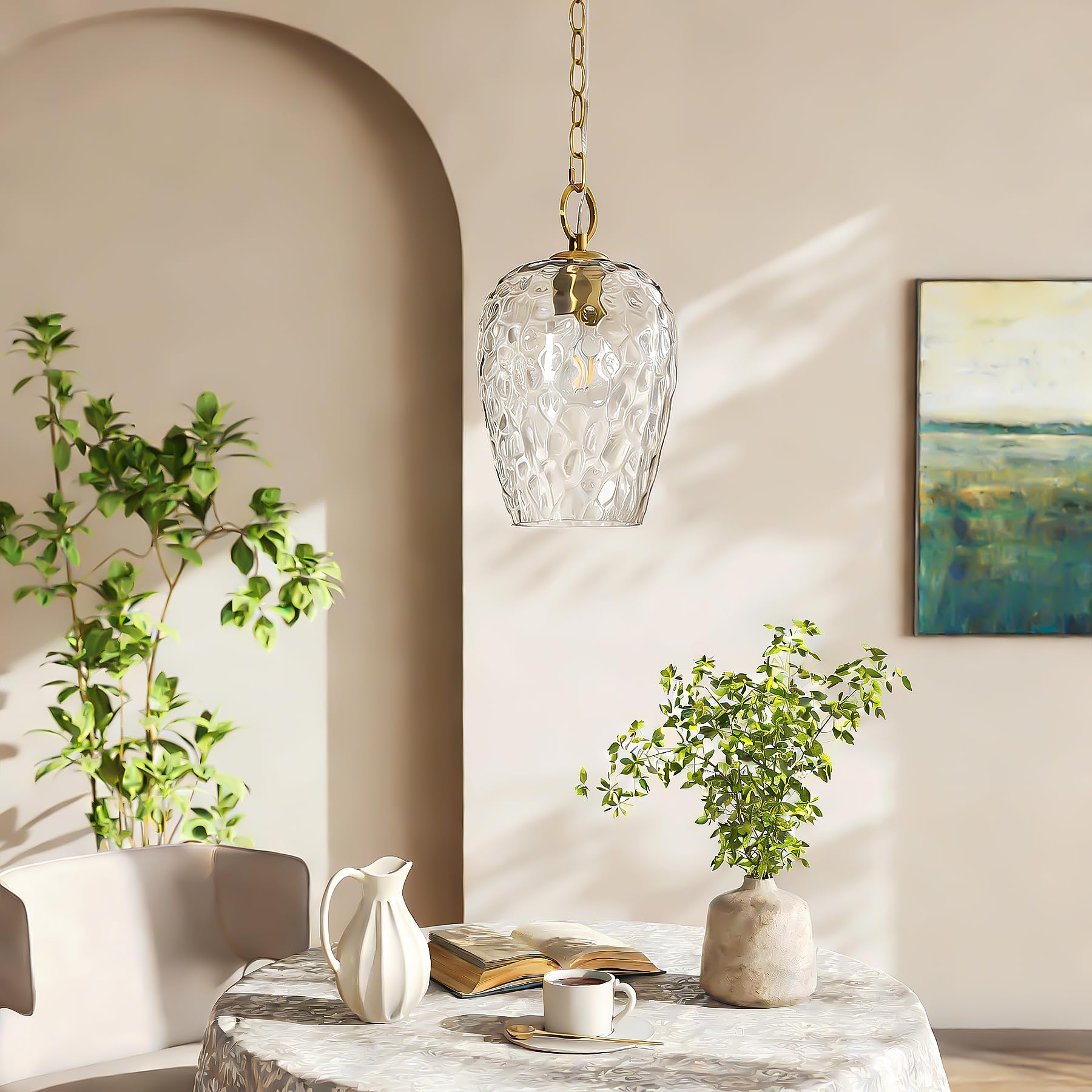 Tribesigns Pendelleuchte mit Gehämmertem Glasschirm, 152 CM Höhenverstellbar Ø22 CM, Dimmbar, Hängelampe Esstisch E27 Fassung, Modern Hängeleuchte für Esstisch Wohnzimmer Küche Schlafzimmer
