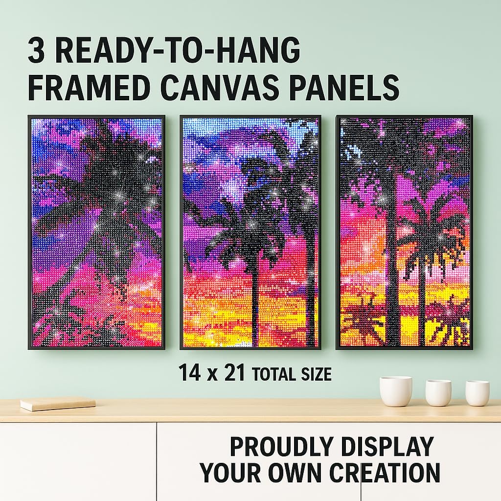 ArtSkills Diamond Painting Kit, Diamond Art on Framed Canvas with Gem Storage Case and Accessory Kit, Beach, 3 Stretched Canvas Panels, 14” x 7” Each
