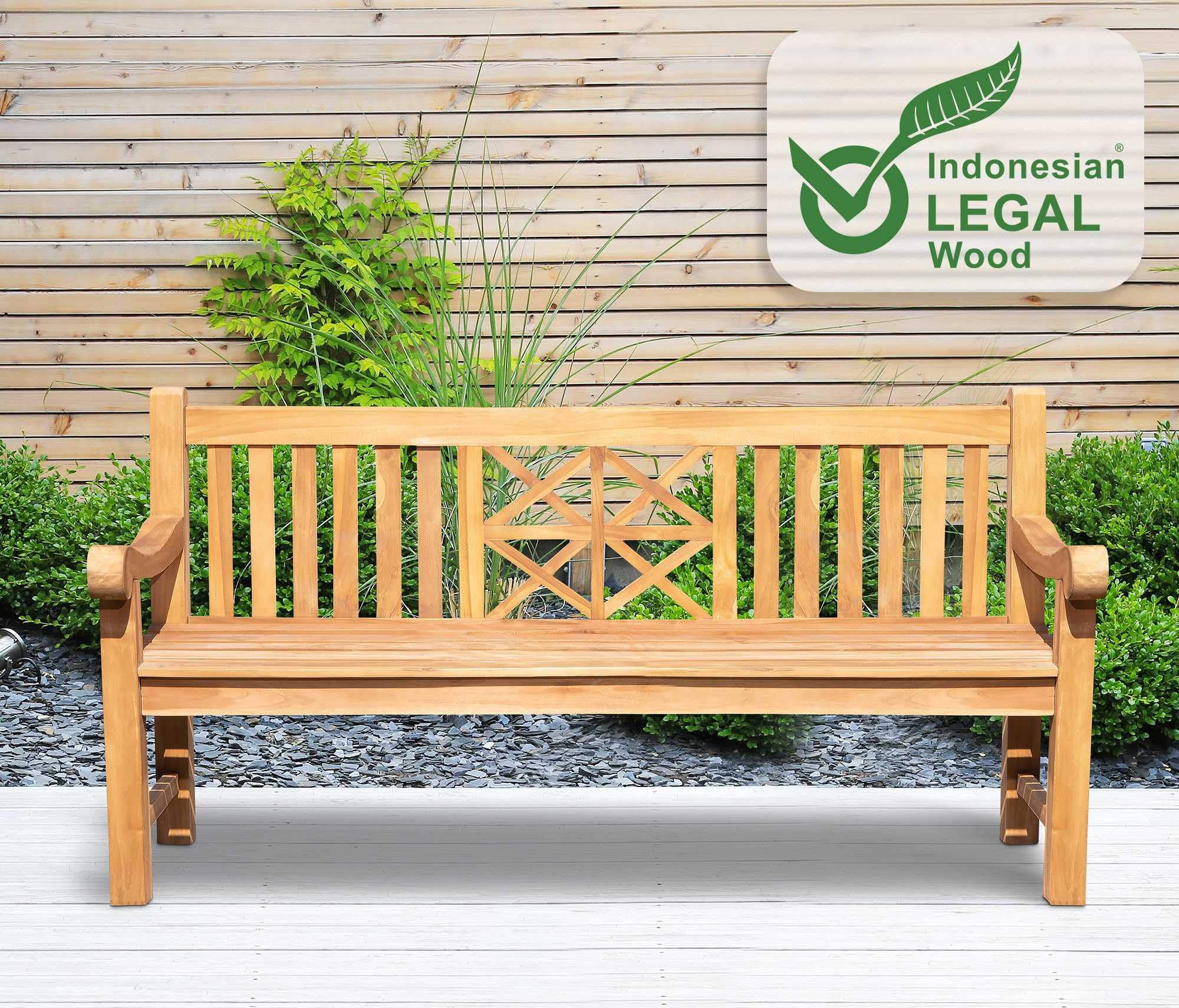 CLP Panca da Giardino in Teak Florida I Panca con Seduta ergonomica in Legno Massiccio I Altezza della Seduta: 44 CM, Colore:Teak, Dimensione:180 cm