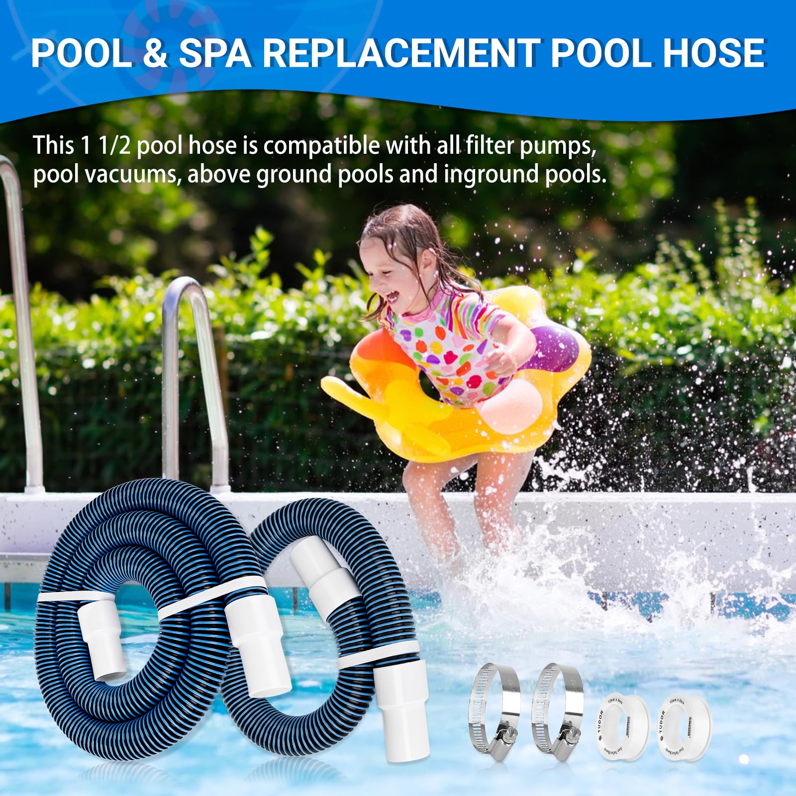 Lot de 2 tuyaux d'aspiration de piscine de 3,8 cm et 1,8 m pour piscine hors sol, tuyaux de pompe de piscine avec manchon pivotant sans plis pour piscines creusées, tuyaux de filtre de rechange