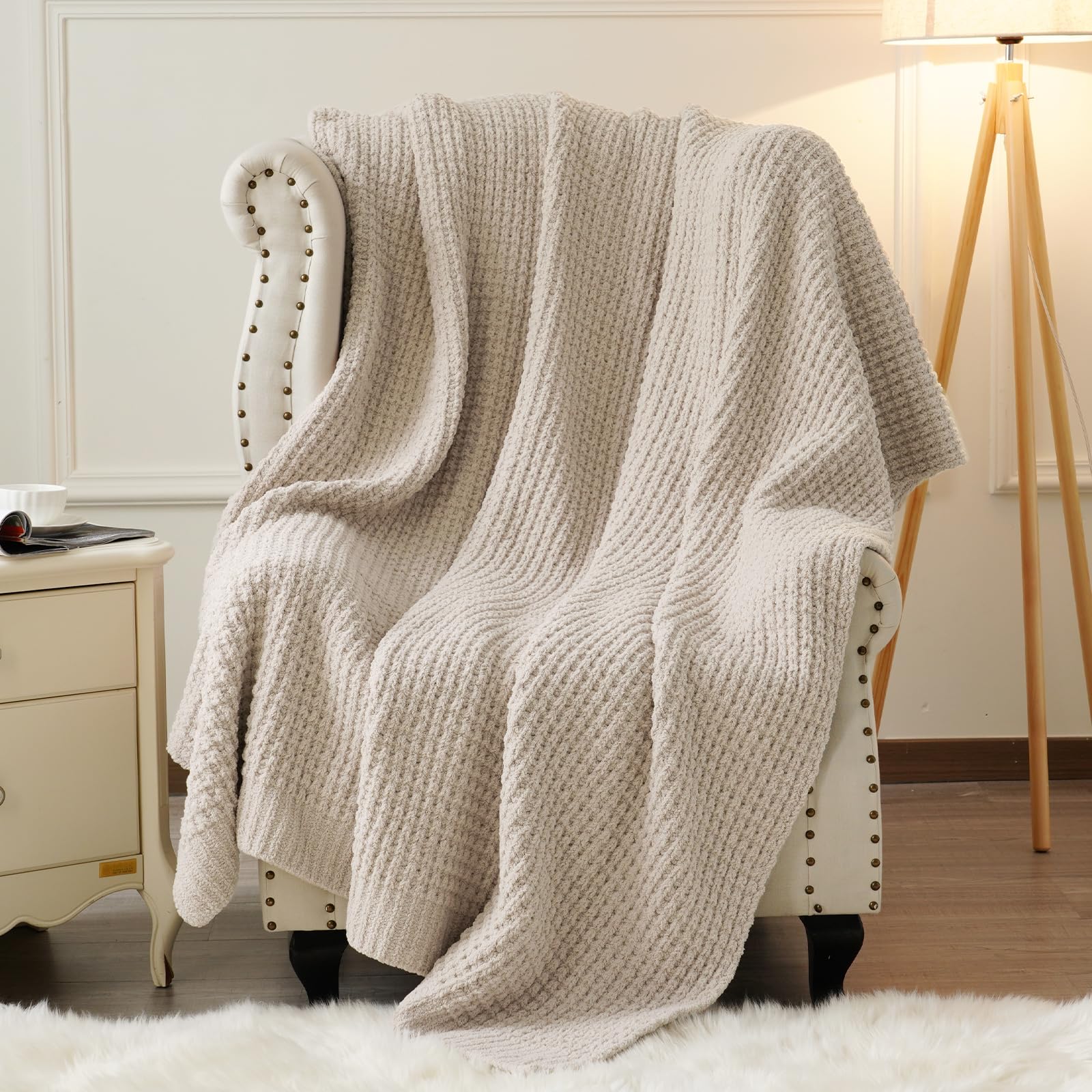 PHF Chenille Waffle Knit Throw Blanket- Plush Warm & Cozy 50" x 60" Ultra Soft Blanket- Chunky Fluffy Waffle Throws for Couch Bed Sofa - Natural