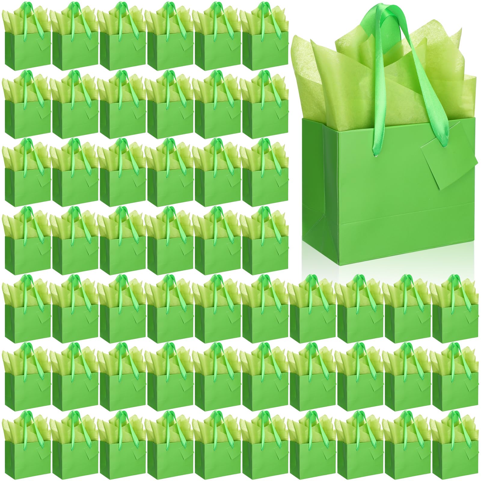 Qilery Mini-Geschenktüten aus Papier, Großpackung mit Seidenpapier, kleine Geschenktüten mit Griff und Etiketten, für Geburtstag, Hochzeit, Erntedankfest, Weihnachten, Party, Geschäft (Grasgrün, 11,9