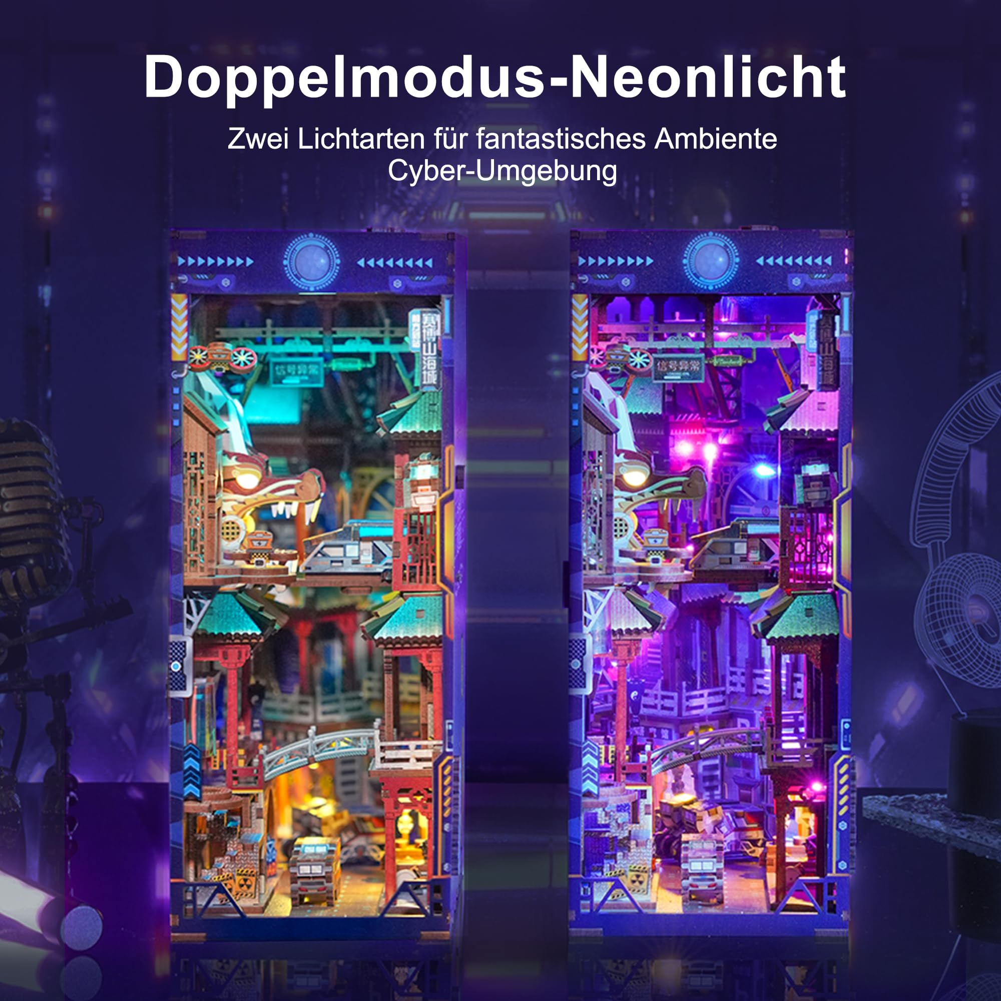 Tonecheer Book Nook Kit 3D Holzpuzzle Booknooks DIY Modellbausätze Erwachsene zum Baue Miniatur Haus Bücherregal Nook Book mit Licht lustiges Geschenke Geburtstagsgeschenk(Cyberstadt)