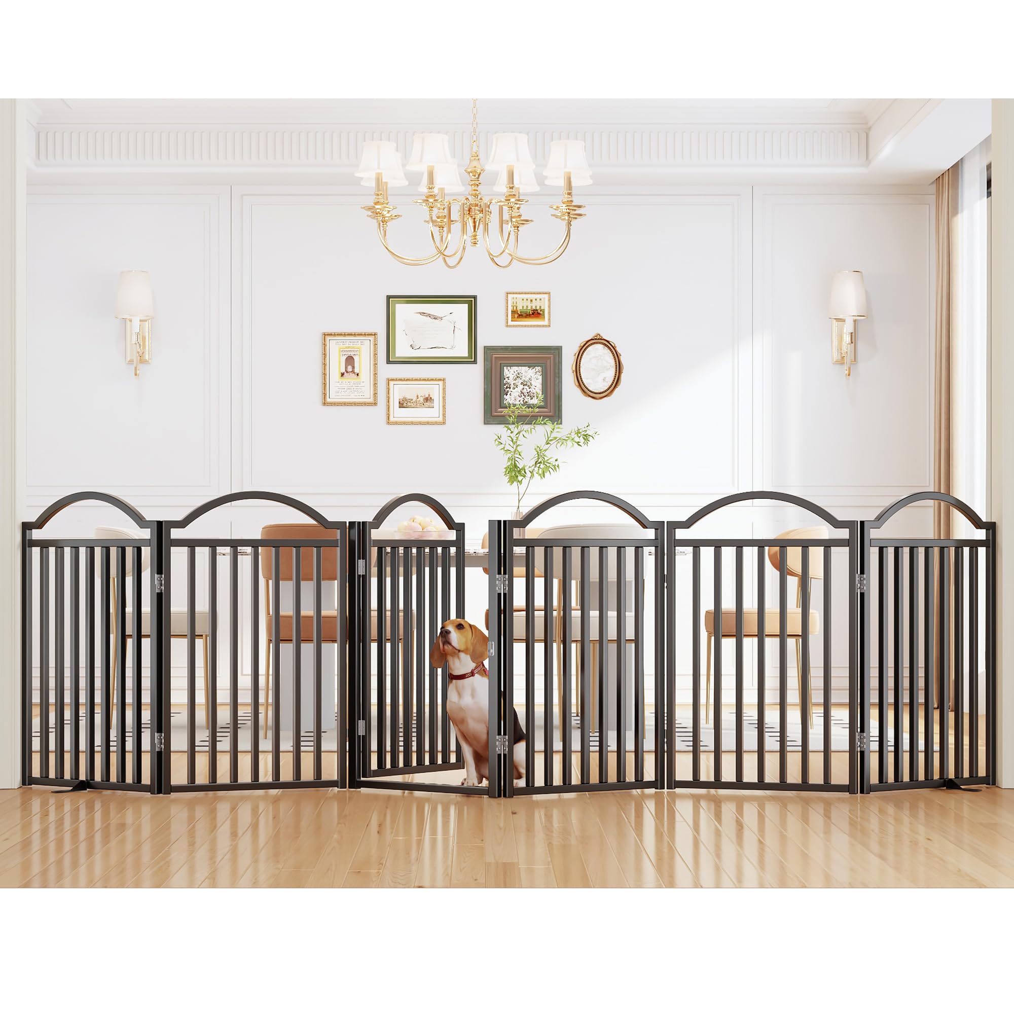 udd dog gate indoor 144" extra wide, 32" tall foldable pet gate with door for stairs doorways hallways porch, freestanding no drilling metal pet fence for dogs puppy, black 6-panel