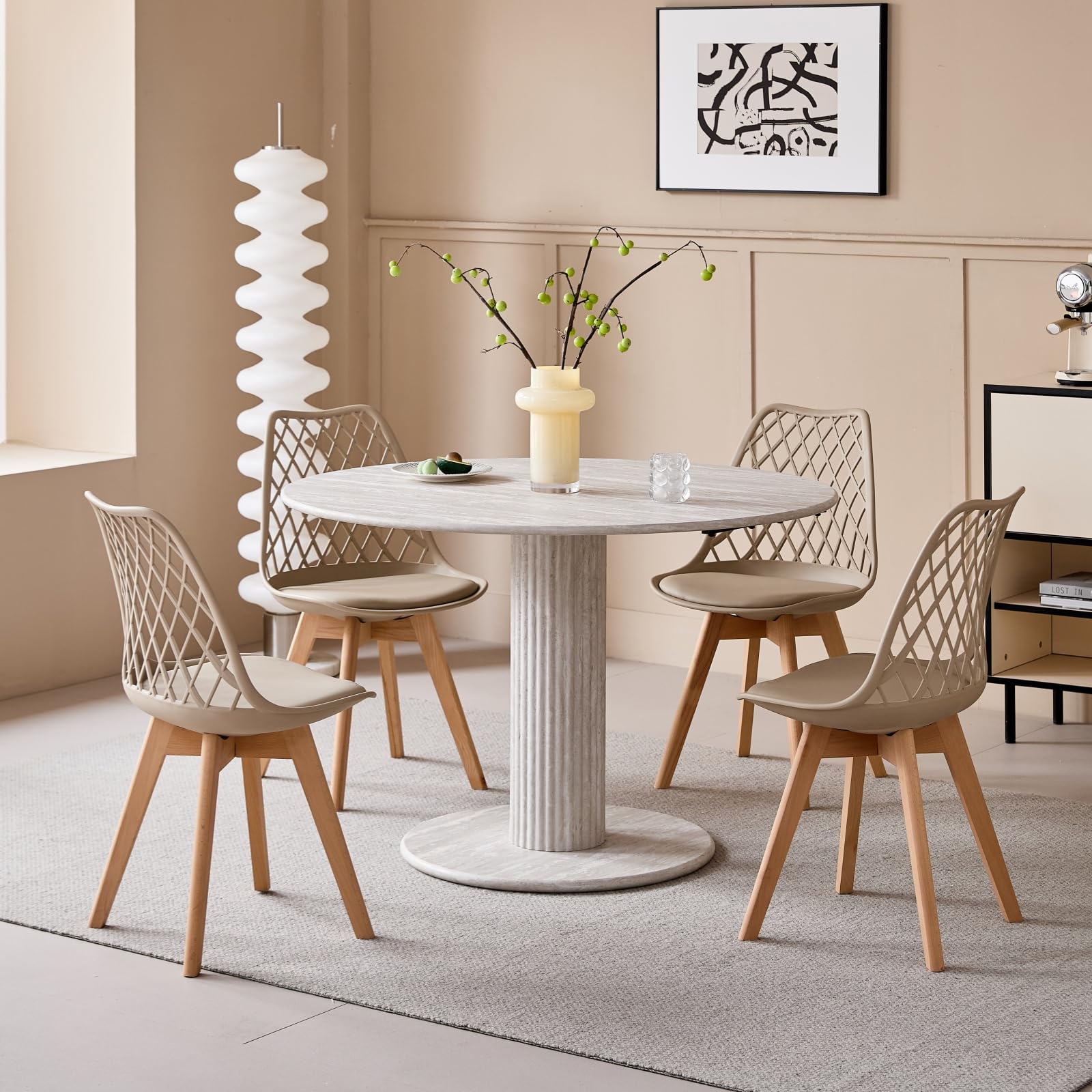 Tavolo da Pranzo Rotondo, Base con Gambe Cilindriche, Effetto Finto Marmo, Tavolo da Pranzo Moderno e Minimalista per Soggiorno o Cucina, 115 x 115 x 75 cm - Travertino Grigio