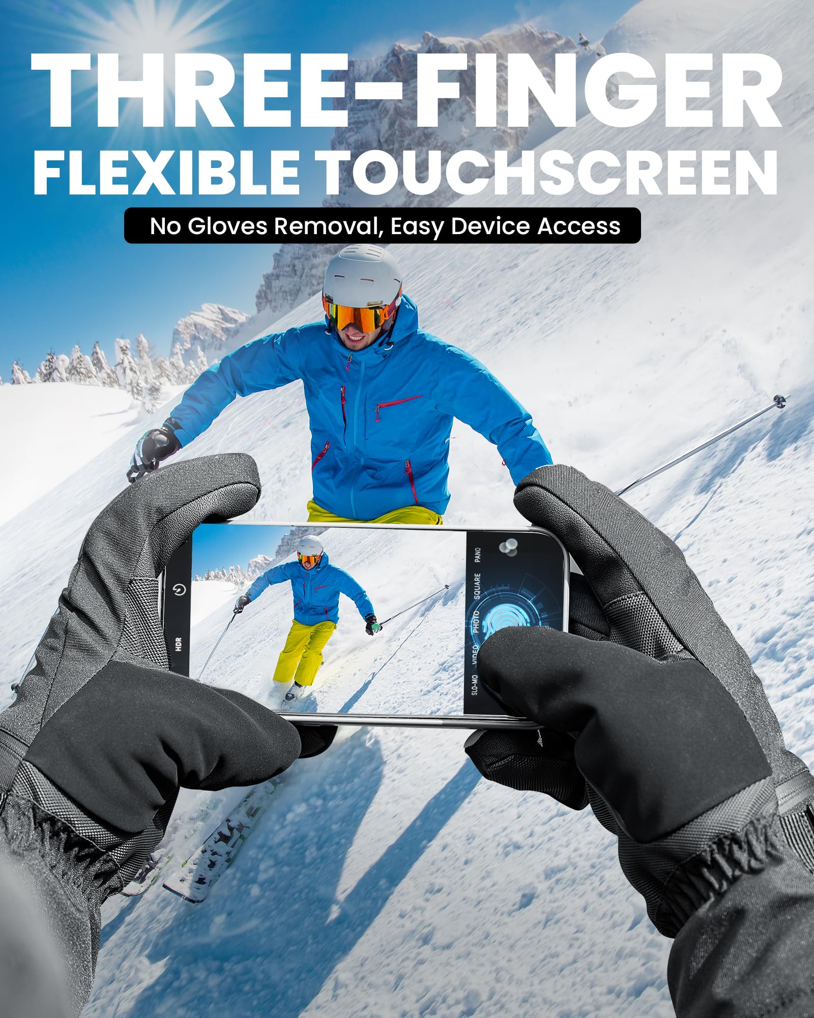 OutdoorMaster Rękawice narciarskie dla kobiet i mężczyzn, 3M Thinsulate zimowe ciepłe rękawice snowboardowe ekran dotykowy, termiczne, wodoodporne, z podwójną kieszenią, do jazdy na nartach