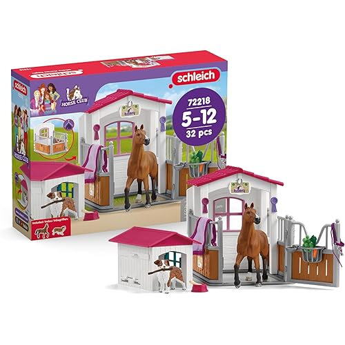 Schleich Horse Club - 32PC Horse Stall and Doghouse Playset - Realistic Racehorse and Dog Figurines with Tack Accessories - Equestrian Toys for Imaginative Play - Boys and Girls 5+ | 72218