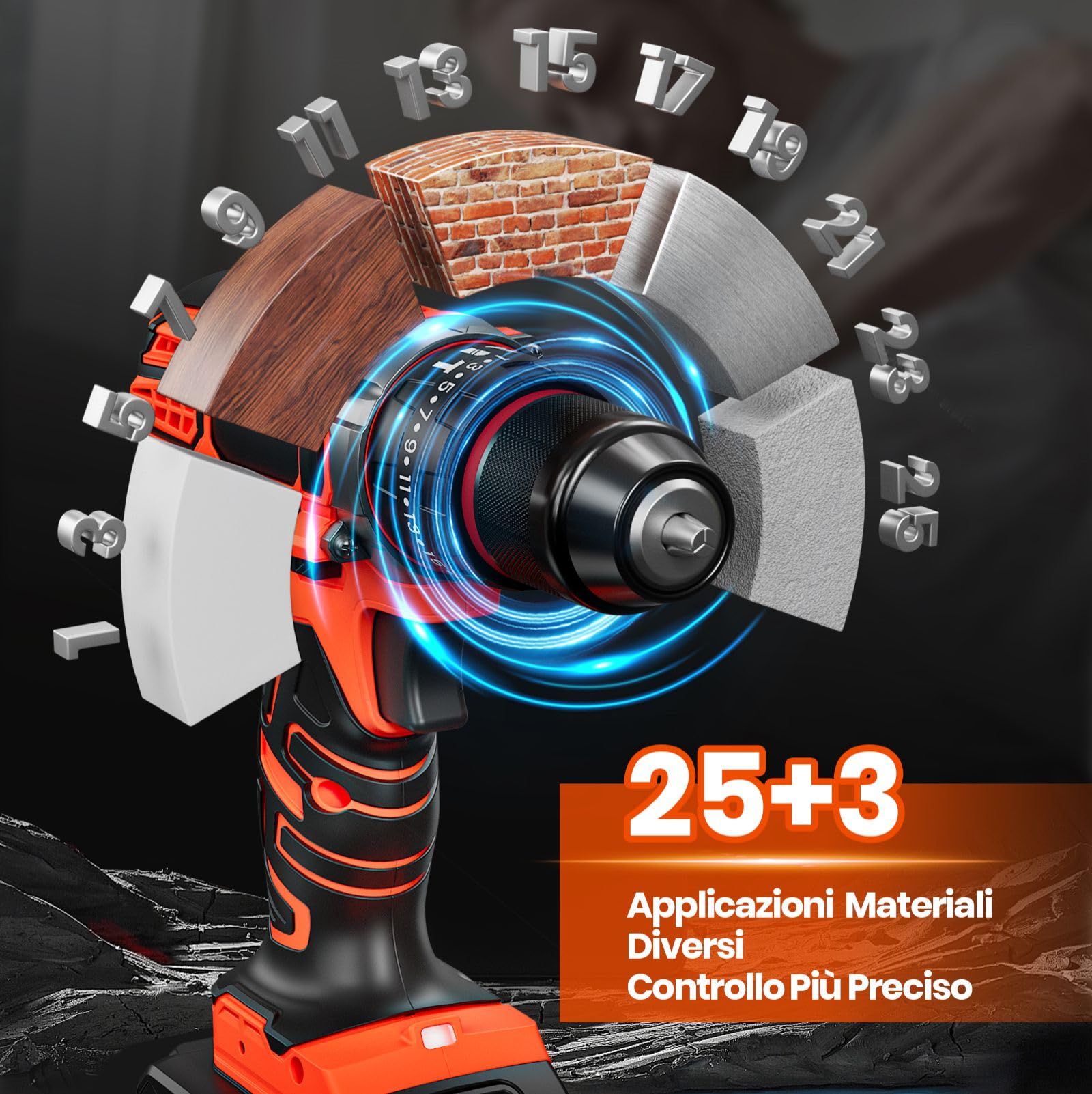 Trapano a Percussione 21V, Avvitatore a Batteria con 2 Batterie 2,0Ah, Trapano Avvitatore Batteria Coppia Massima di 45Nm, 2 Velocità, 25+3 Coppia, 10mm Morsa, Set di Accessori 29 Pezzi con Valigetta