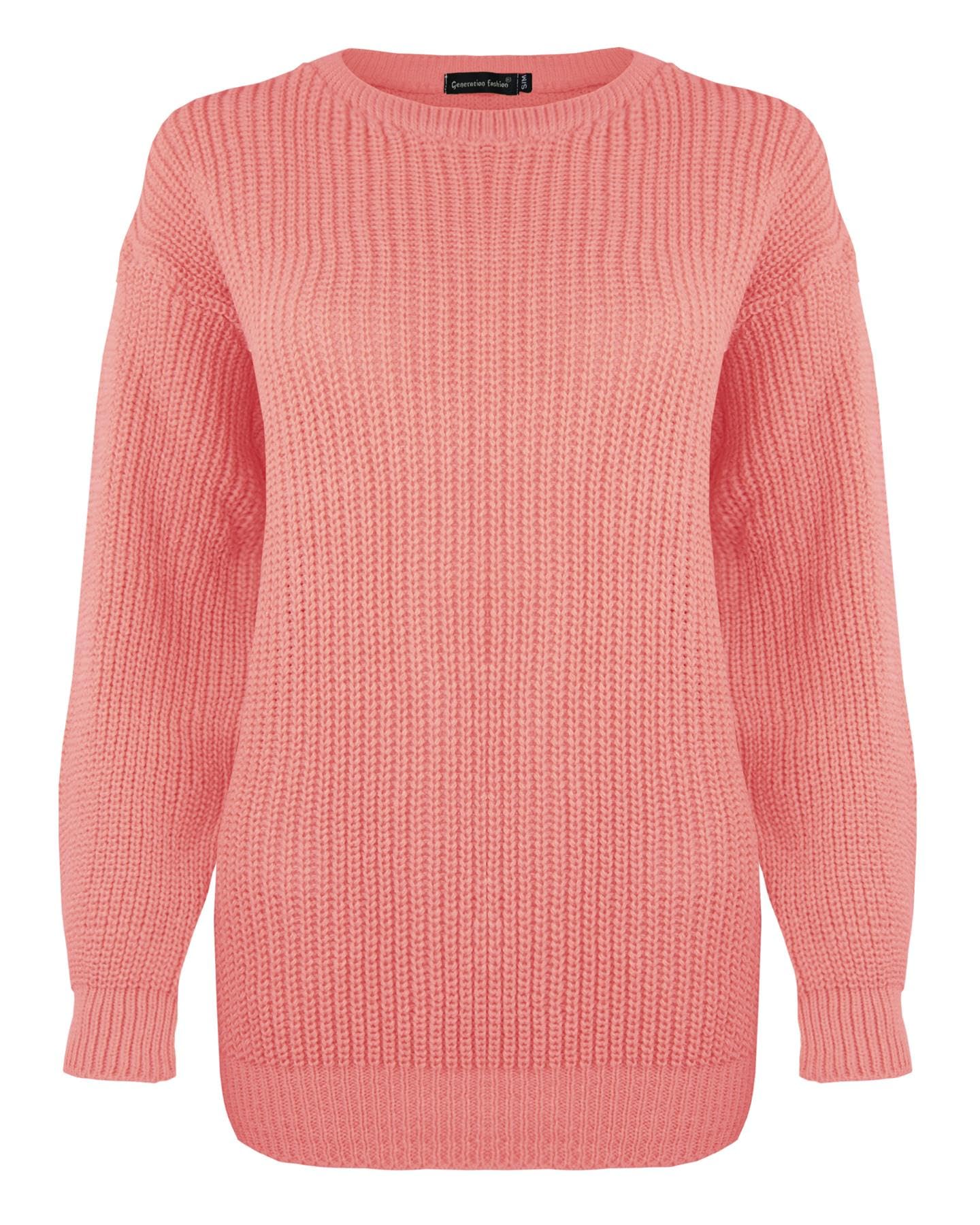 Generation Fashion New Ladies Women Oversized Long Sleeve Knitted Baggy Jumper Sweater Crew Neck Pullover Top[Coral,ML]