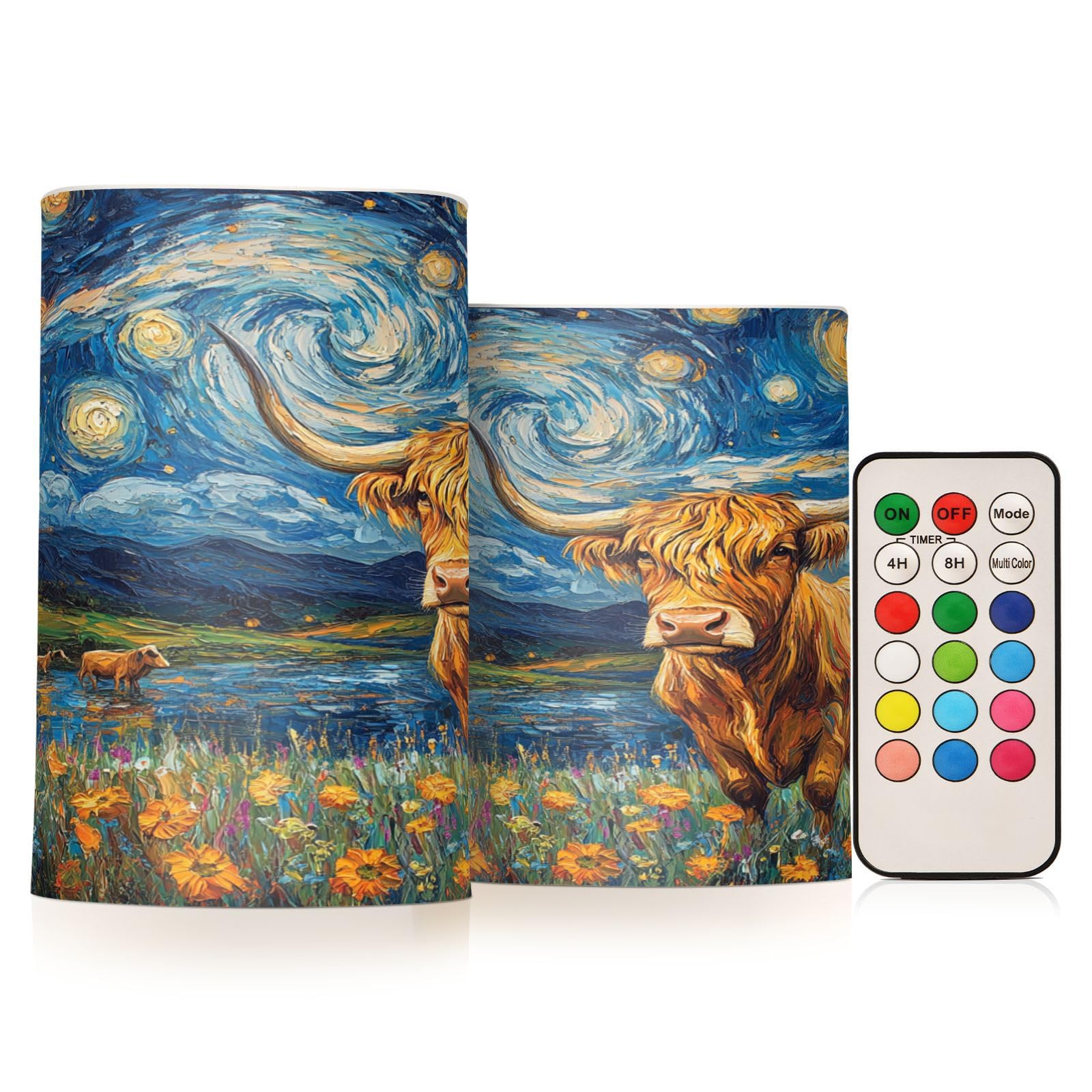 Cgiub Starry Night Highland Cow Flameless Candles 2 PCS LED Candles Battery Operated Flickering Pillar Candles with Remote and Timer for Holiday Party Wedding Home Decor
