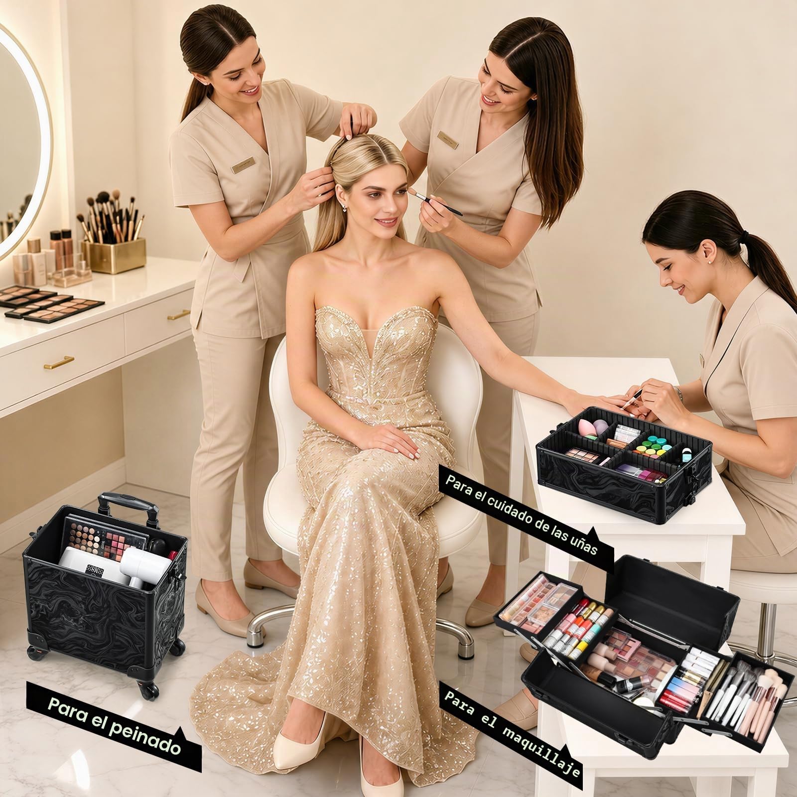 Maleta Maquillaje Profesional 3 en 1 Maletin Maquillaje con Ruedas Organizador de Maquillaje Maleta de peluquería Grande Maletín de uñas Multifuncional Caja Maquillaje Profesional, Alpes Negro