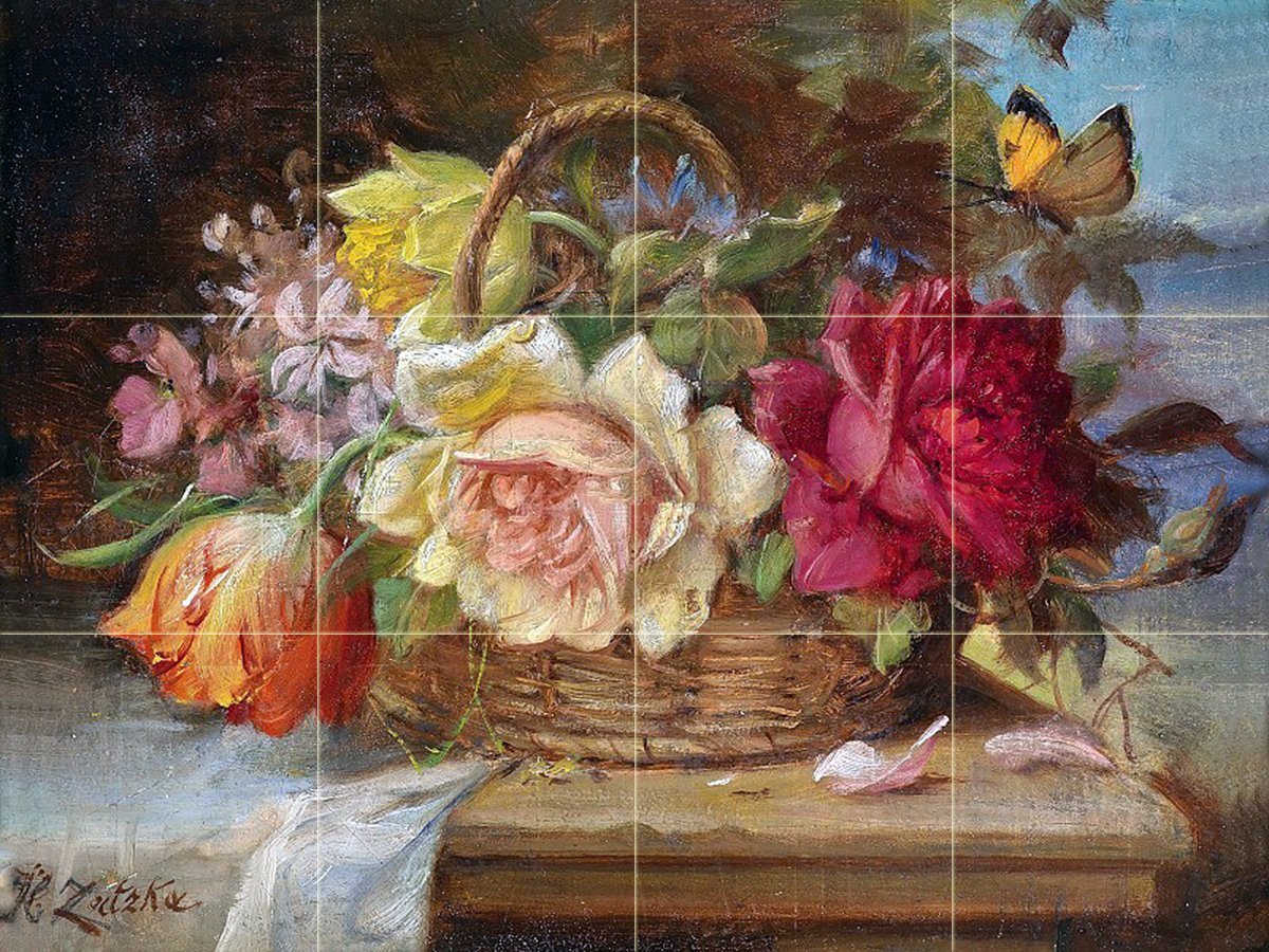 A Basket of Flowers and a Butterfly by Hans Zatzka Tile Mural