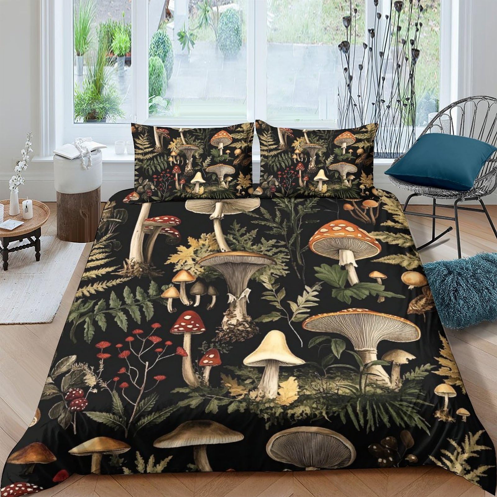 GPLZQXKJNH 3D Printed Vintage Mushroom Duvet Cover Microfiber Soft Forest Botanical Bedding Set with 2 Pillowcases for Bedroom Decor Single（135x200cm）