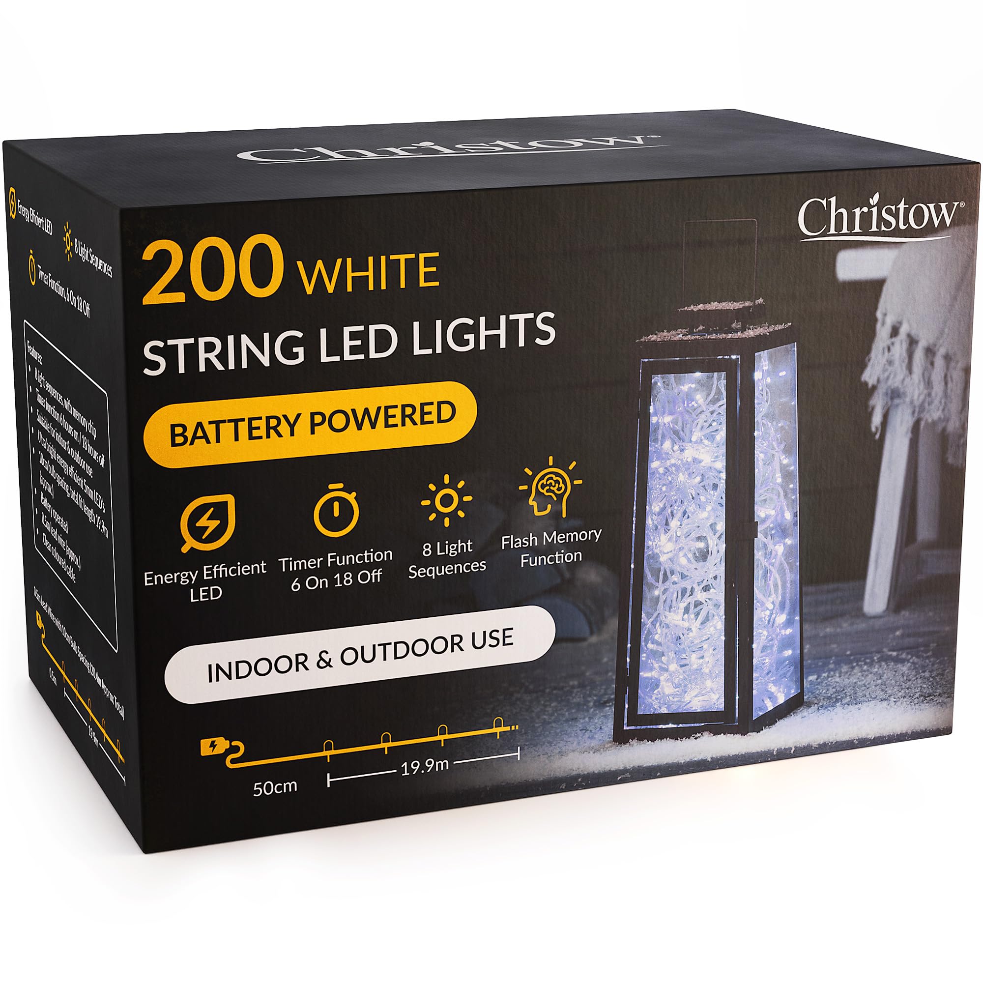 CHRISTOW Christmas Fairy Lights Battery Operated, White LED String Lighting with Timer, Indoor & Outdoor, 8 Light Modes Flashing & Static Glow, Clear Cable (200 LED / 20m Lit Length)