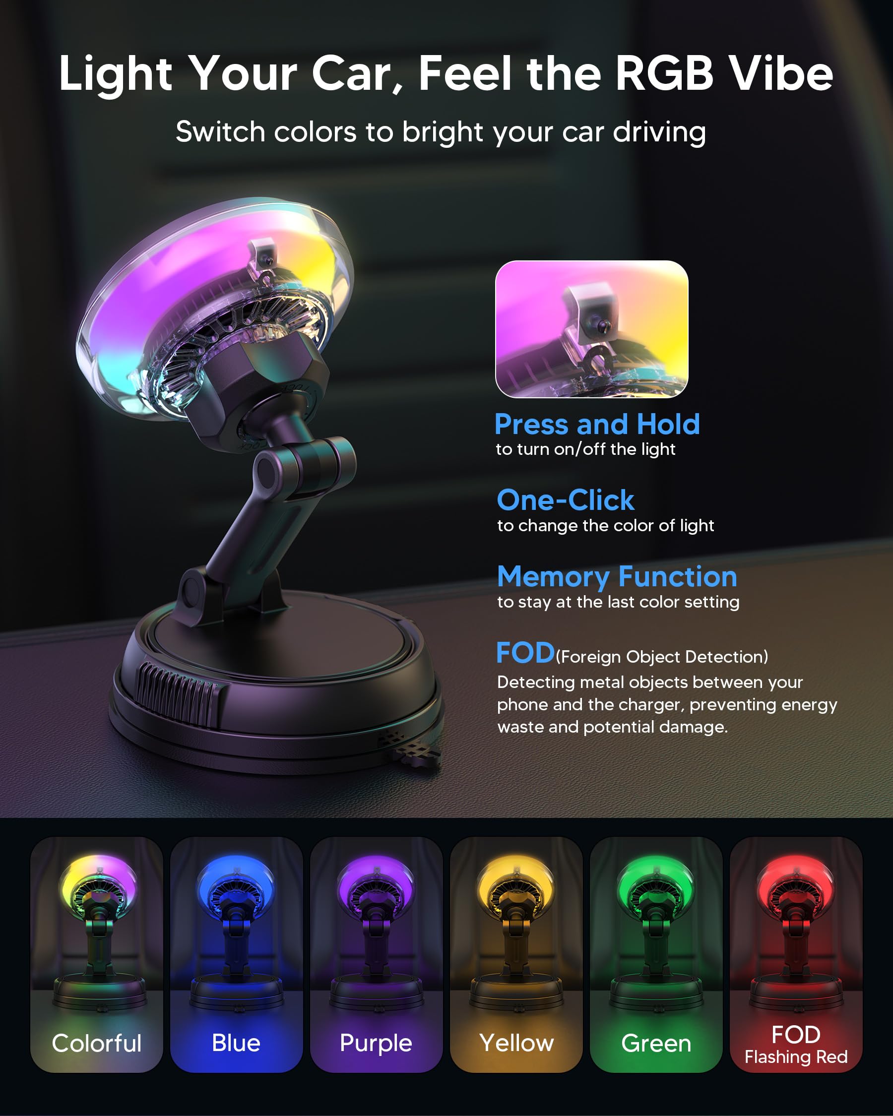 Qi2.2 - Caricatore da auto MagSafe da 25 W, ventola di raffreddamento del telefono e luce RGB, caricabatterie wireless da auto con aspirazione a vuoto da 78+LBS, supporto magnetico girevole a