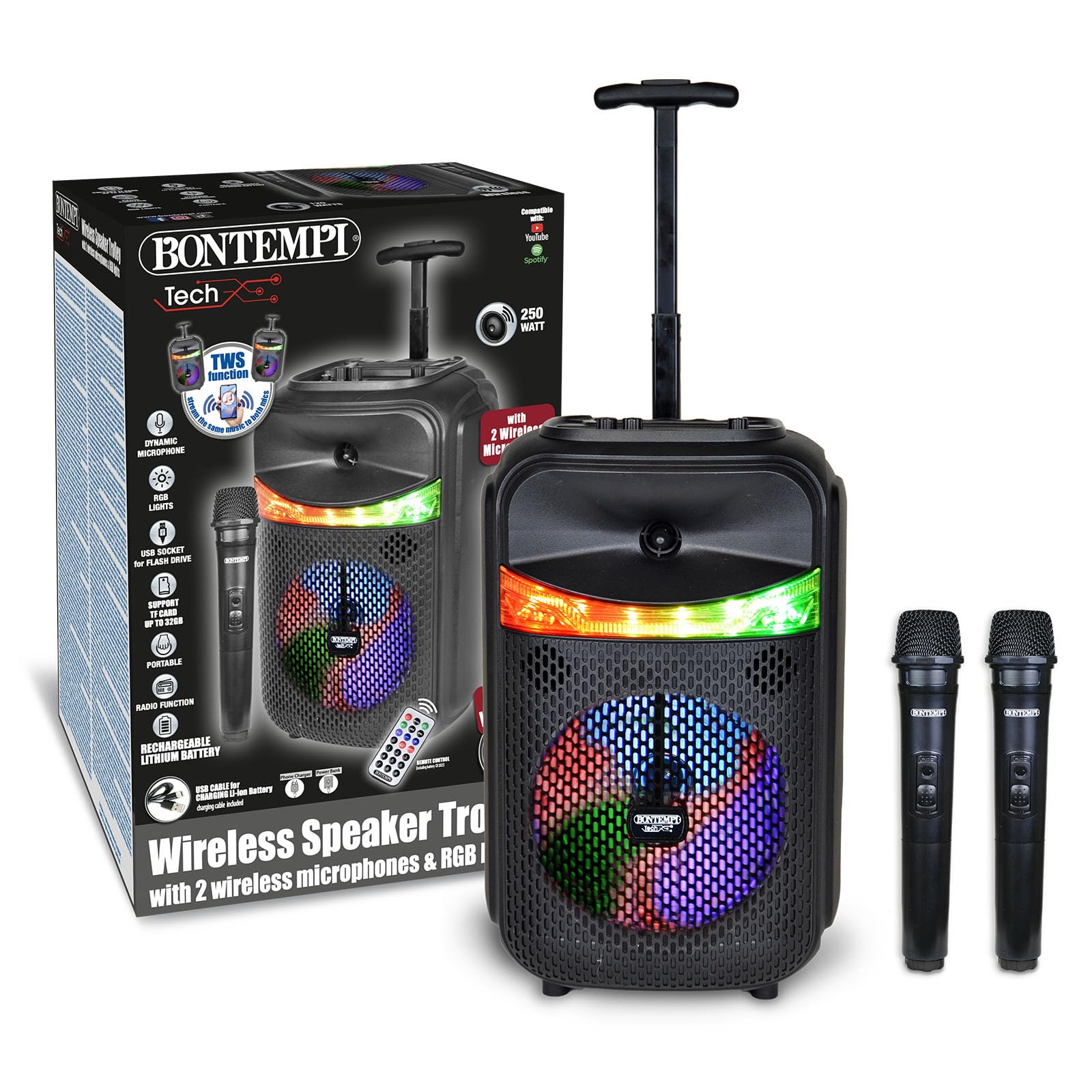 Bontempi | Cassa Trolley Acustica Wireless con 2 Microfoni Senza Filo, Luci RGB, Telecomando, Display, Funzione TWS, 39.5x22.5x19 cm