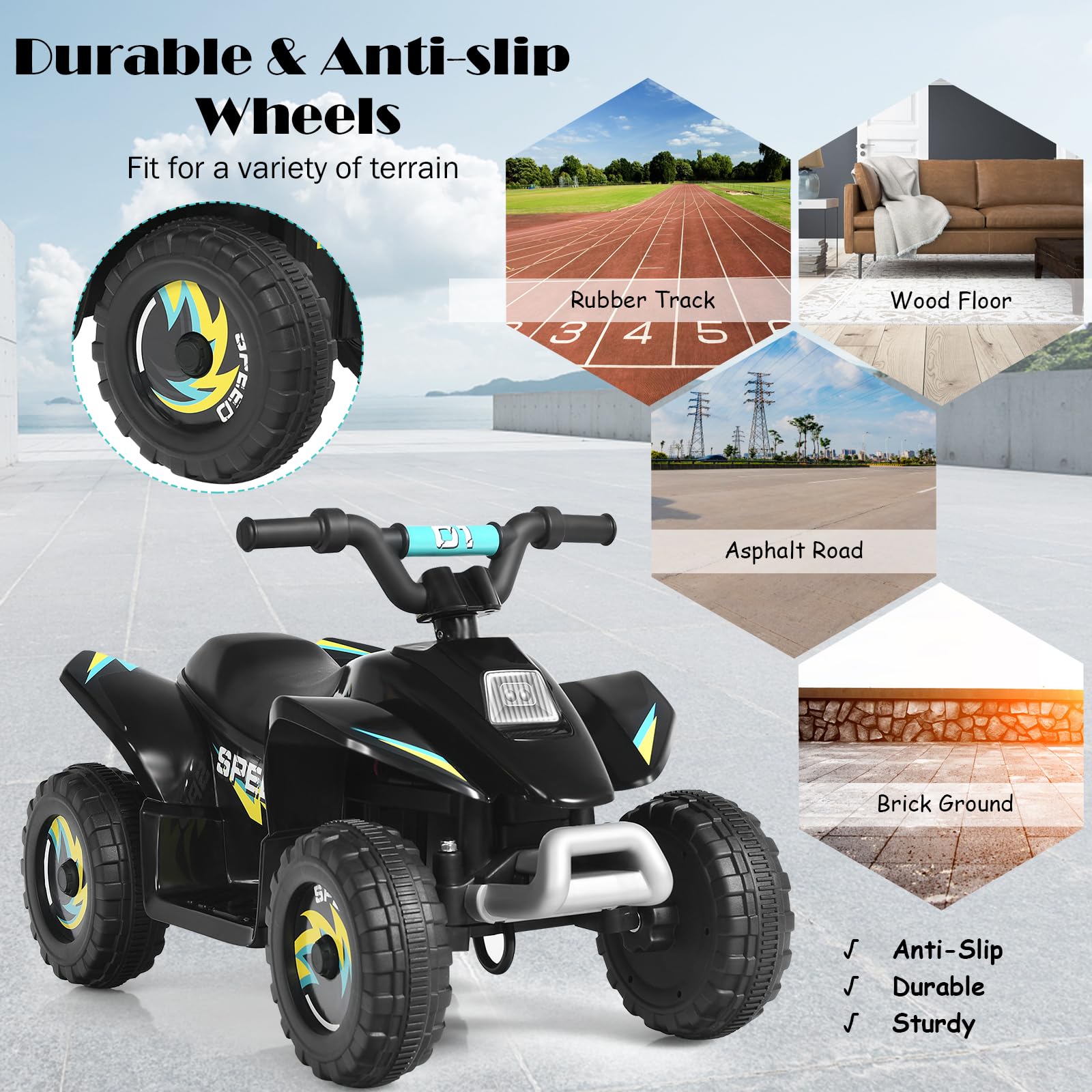 SOARS 6V Elektro Quad für Kinder, 2,8-4,6 km/h, Quad mit Vorwärts-, Rückwärtsfunktion, Elektrofahrzeug, Kinderfahrzeug für Kinder ab 3 Jahren, 73 x 40 x 44,5 cm (Schwarz)