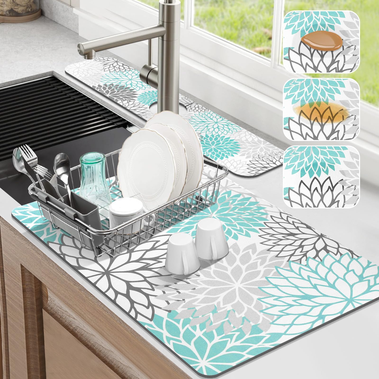 Findosom 2PCS 12" x 20" Dish Drying Mat & 24" x 5.5" Sink Splash Guard, Super Absorbent & Cuttable Dish Mat Drying Kitchen Mat with Teal Floral, Hide Stain Drying Mat for Kitchen Counter