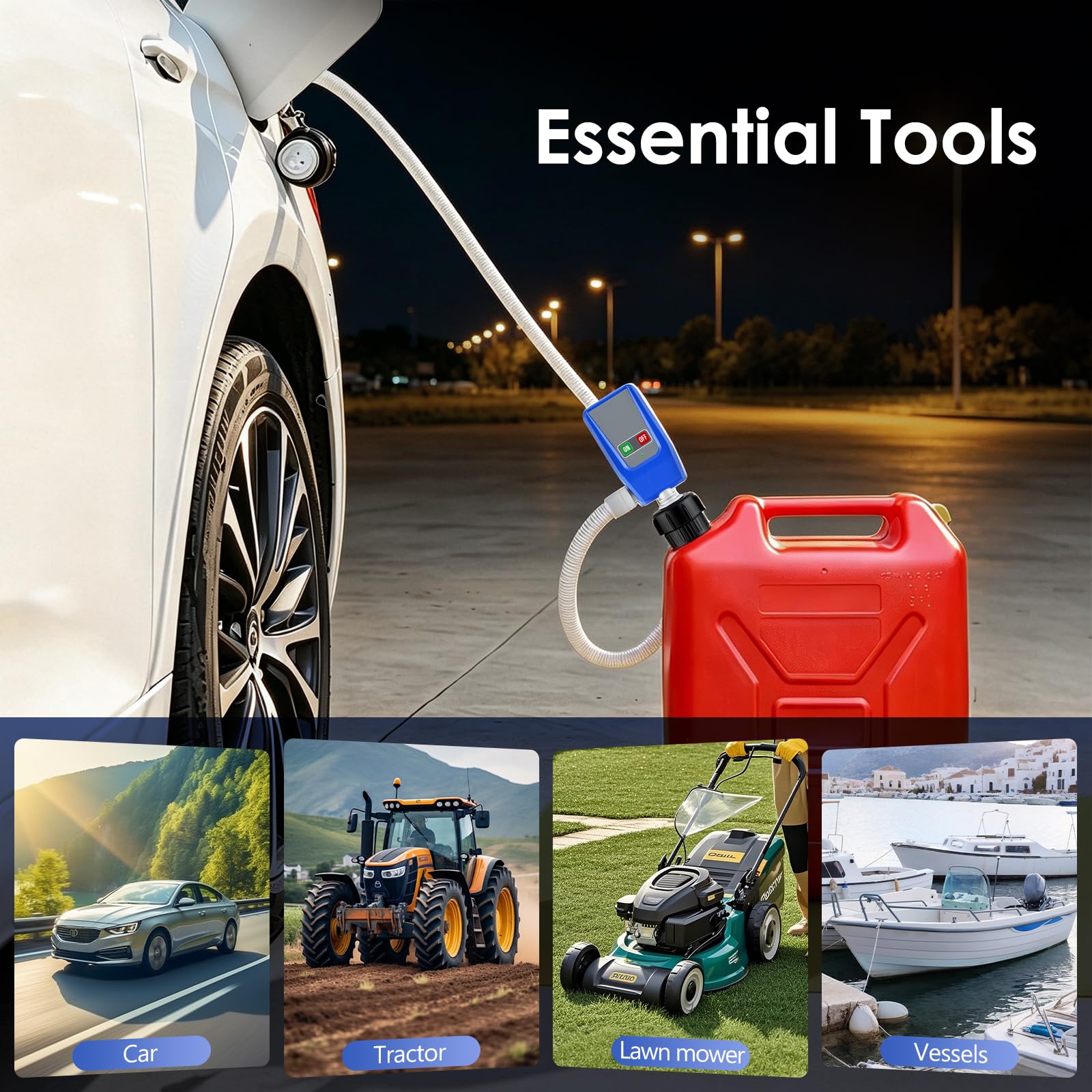 Pompa per carburante da 12V, pompa elettrica per benzina con sensore di arresto automatico e 4 adattatori, pompa diesel portatile per taniche, più fonti di alimentazione (batteria auto/AA), testa