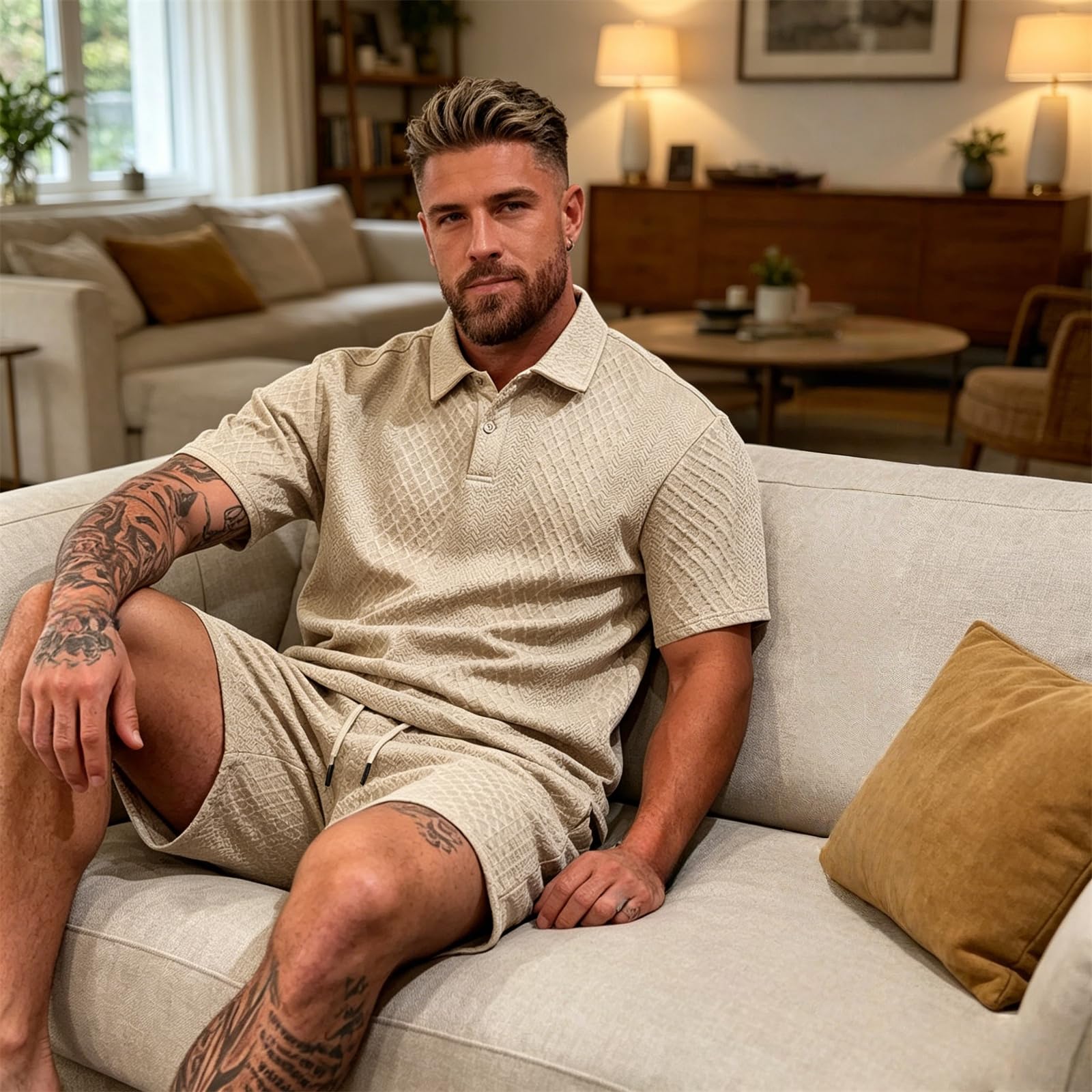 Męska solidna koszulka polo i szorty ze sznurkiem w talii zestaw teksturowanych żakardowych koszulek polo, sportowy dres do joggingu, letni dres