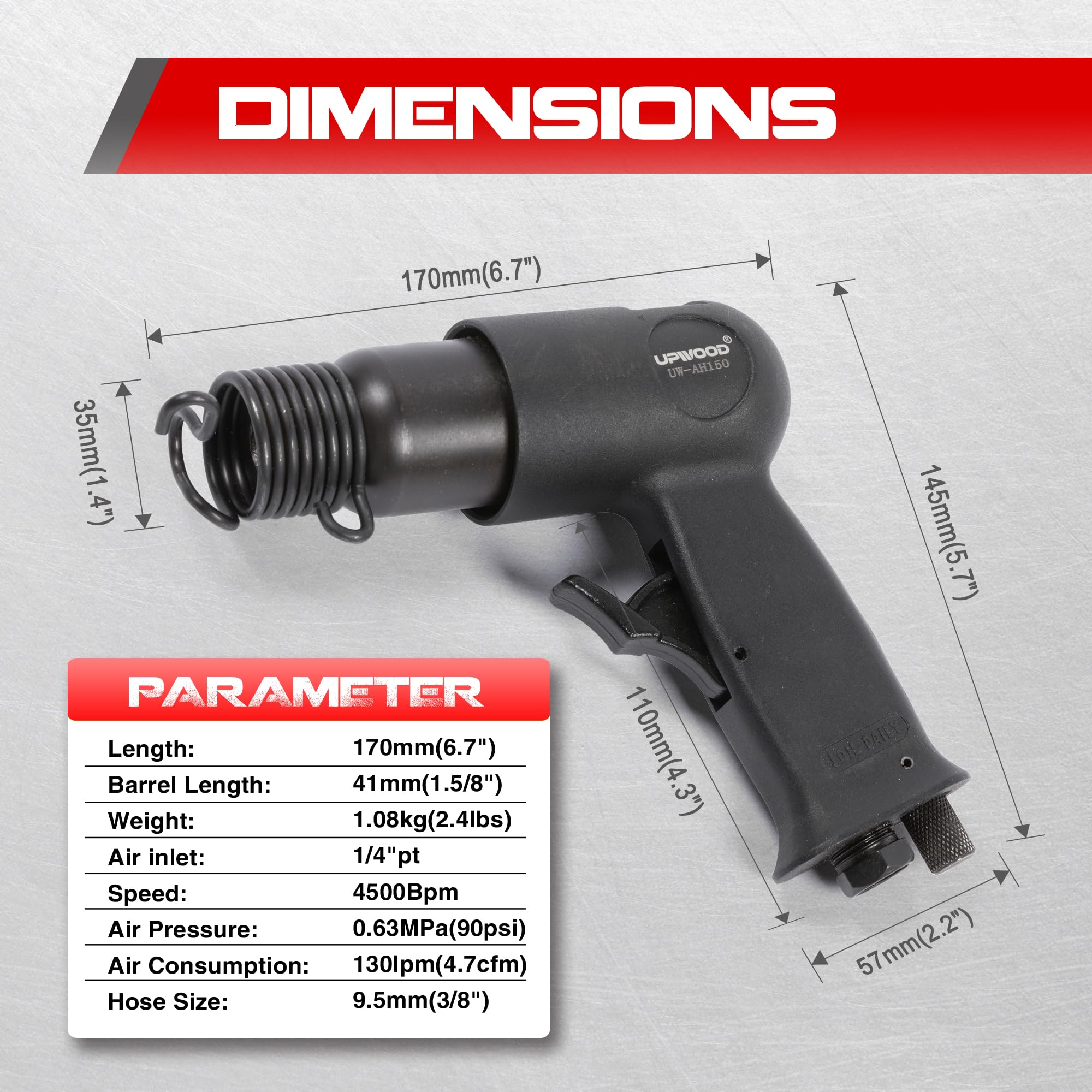 UW-AH150 Kit di martello pneumatico a canna corta con fermo a cambio rapido e 4 scalpelli, corsa 1-5/8 di pollice, 4500 BPM, peso ridotto