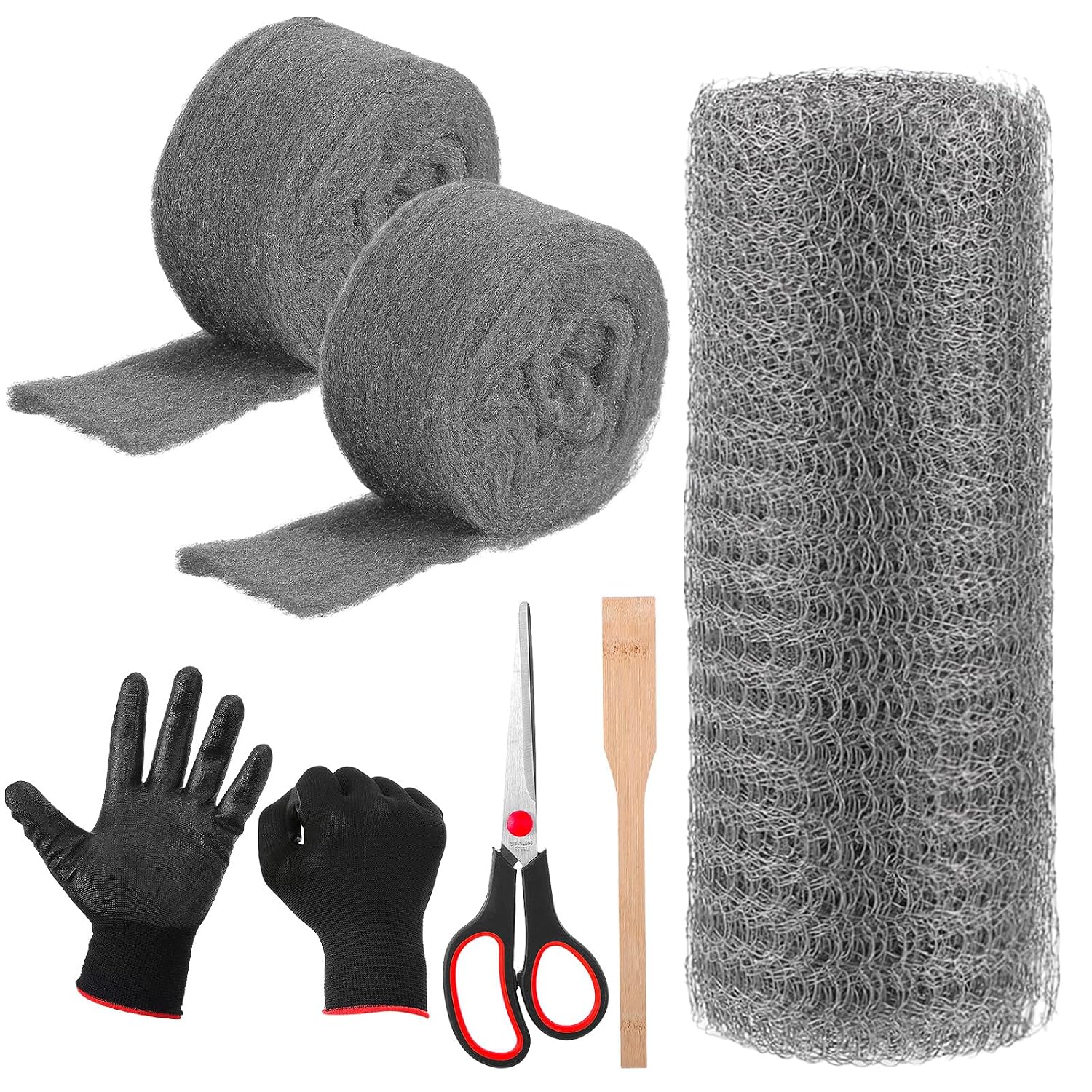 Steel Wool for Mice Control Mesh Rodent Control Kit 1 Pack Rustproof Mesh Roll and 0000 Steel Wool Mouse Hole Filler with Gloves, Scissors for House Garden Home Garage(5in X 29.5ft)