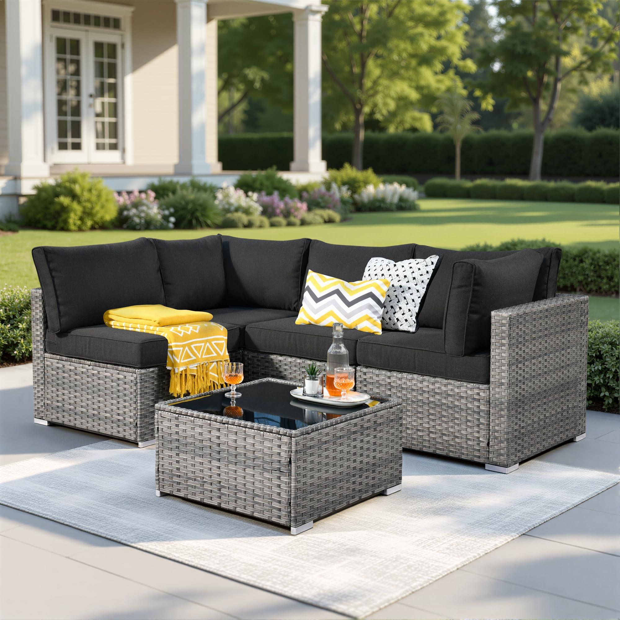 Weaxty 5 Pieces Patio Furniture Sets,Wicker Outdoor Sectional Sofa with Thicken Cushion and Rattan Coffee Table,Patio Conversation Couch Set for Porch