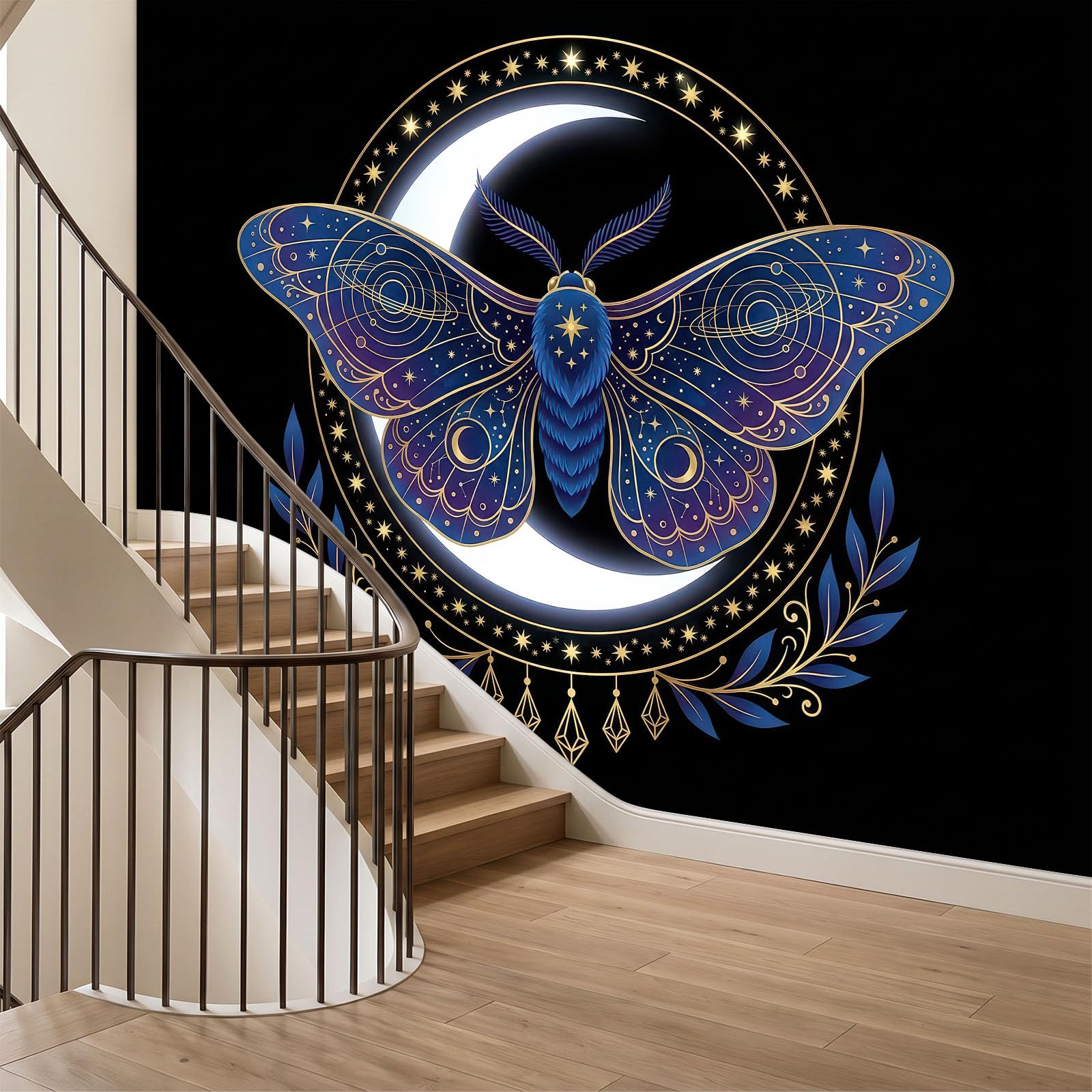 Fantazyjna tajemnicza astrologia ćma mural tapeta dla chłopców i dziewcząt, czarny mural ścienny nietkany plakat fototapeta moda dziecięca dekoracja domu, sztuka ścienna 3D 200 x 140 cm