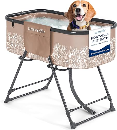 SereneLife Bañera plegable para perros con altura ajustable, acceso de 360, manguera de drenaje y bolsillos de almacenamiento, estación de aseo de