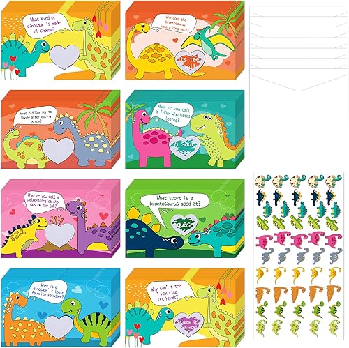 Paquete de 40 tarjetas de chistes de dinosaurio para niños con sobres, calcomanías de dinosaurio, intercambio del día de San Valentín, tarjetas de
