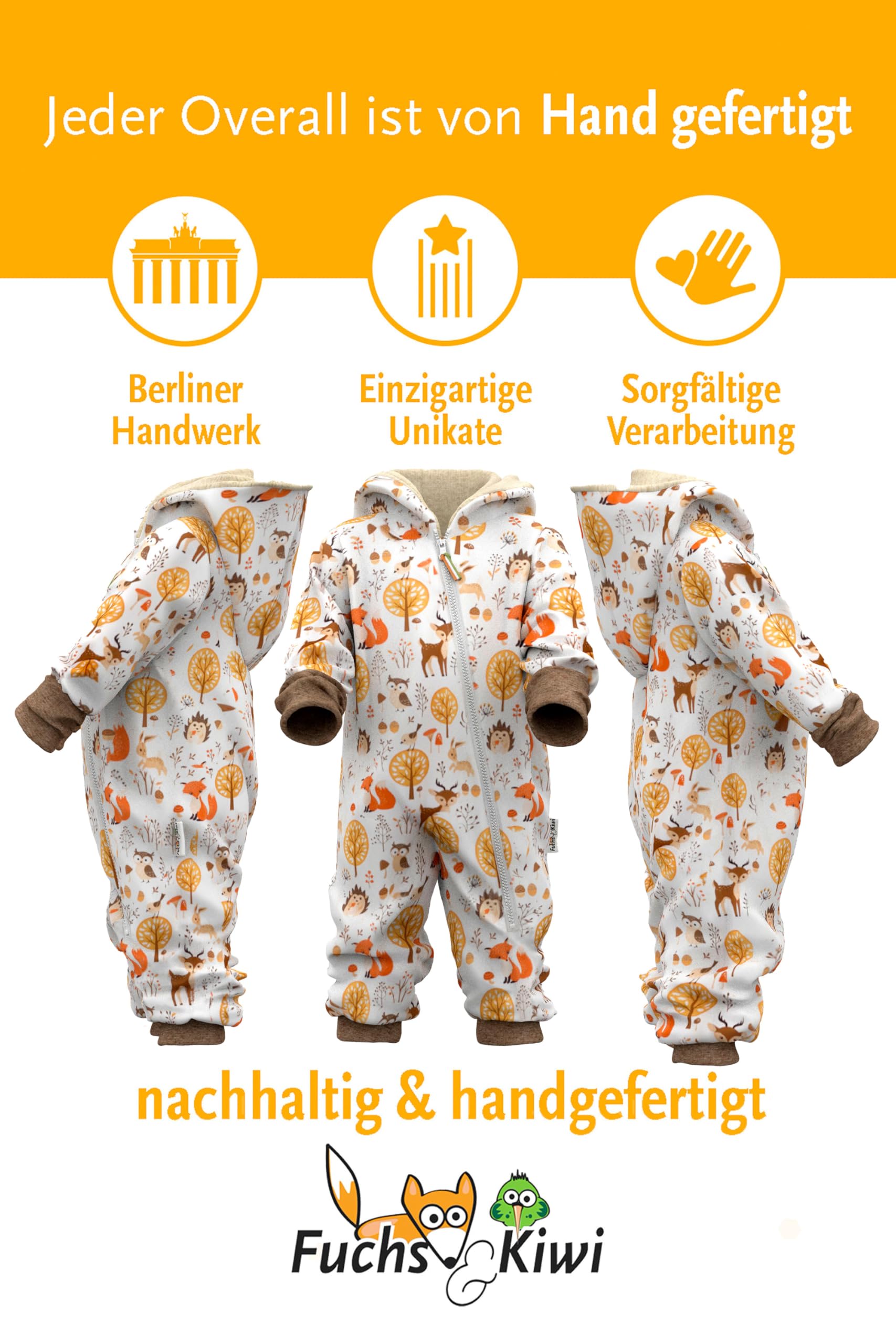 Fuchs & Kiwi Softshelloverall Baby mit Kapuze – Regenoverall mit Fleece gefüttert – Öko-Tex – Handmade in Berlin – Softshellanzug Kinder & Kleinkind