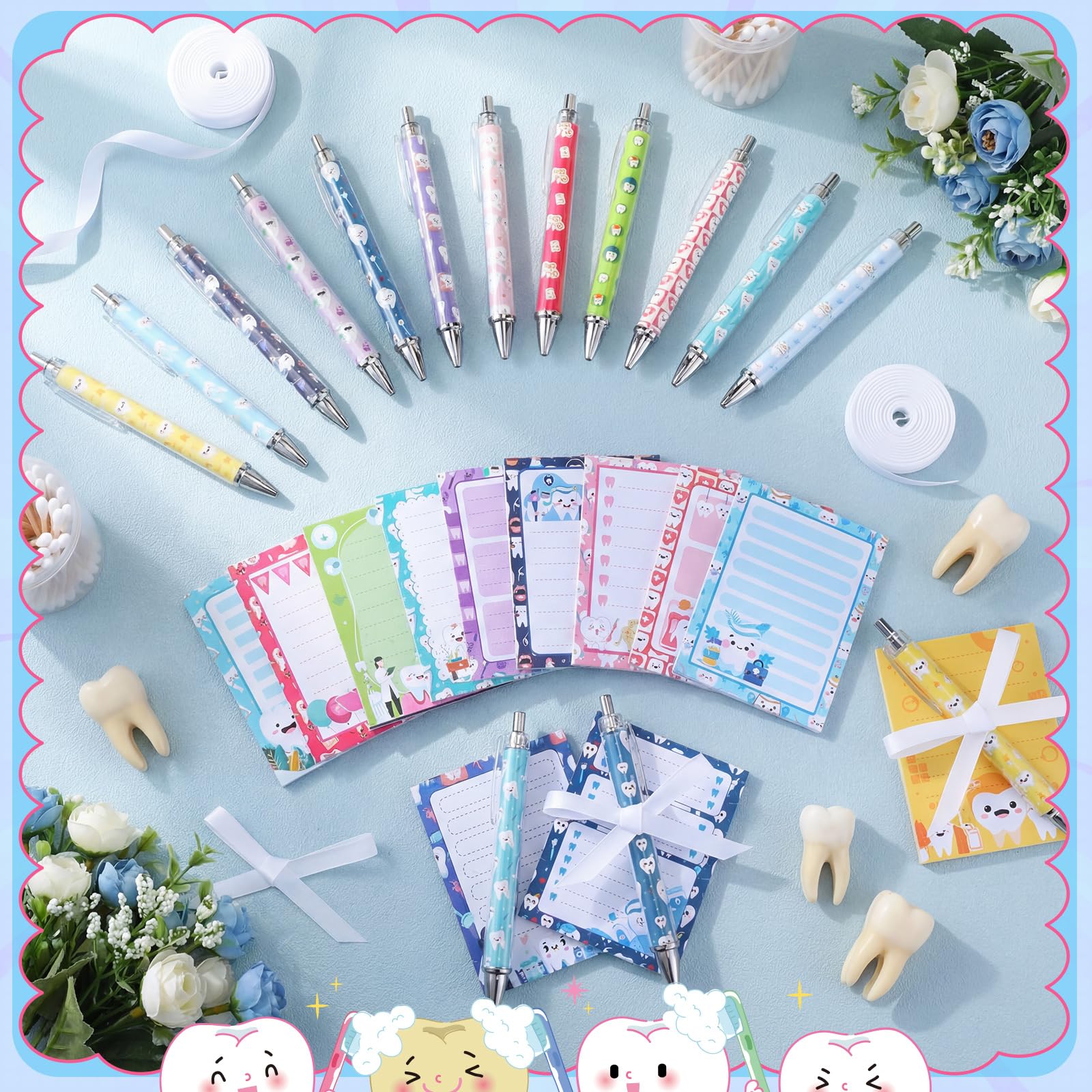 Eaasty 48 Pcs Dental Hygienists Gifts Bulk Tooth Notepads and Ballpoint Pens with Ribbon Dental Assistant Appreciation Gifts for Dentist, Nurse, Doctor, Staff, Coworker