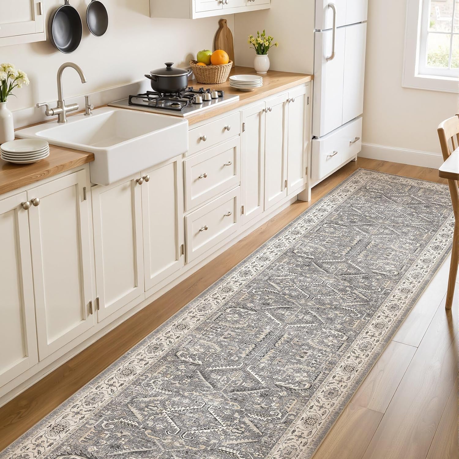 3x8 Washable Hallway Runner Rug :Vintage Large Soft Entryway for Kitchen Laundry Room Runner with Non Slip Backing Farmhouse for Bedroom Bathroom Living Room Stain Resistant Carpet-Black Grey