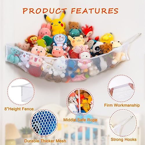 Miniatura 4 de INSFITY Hamaca de peluche esquinera de juguetes de peluche, organizador de red de almacenamiento de 35 x 50 x 8 pulgadas (blanco, paquete grande de