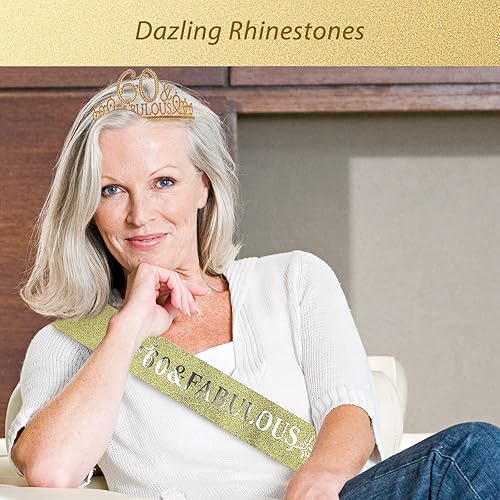 Miniatura 6 de EBE EmmasbyEmma Banda y tiara de cumpleaños número 60 para mujer, fabulosa banda con purpurina + fabulosa tiara de metal dorado de diamantes de