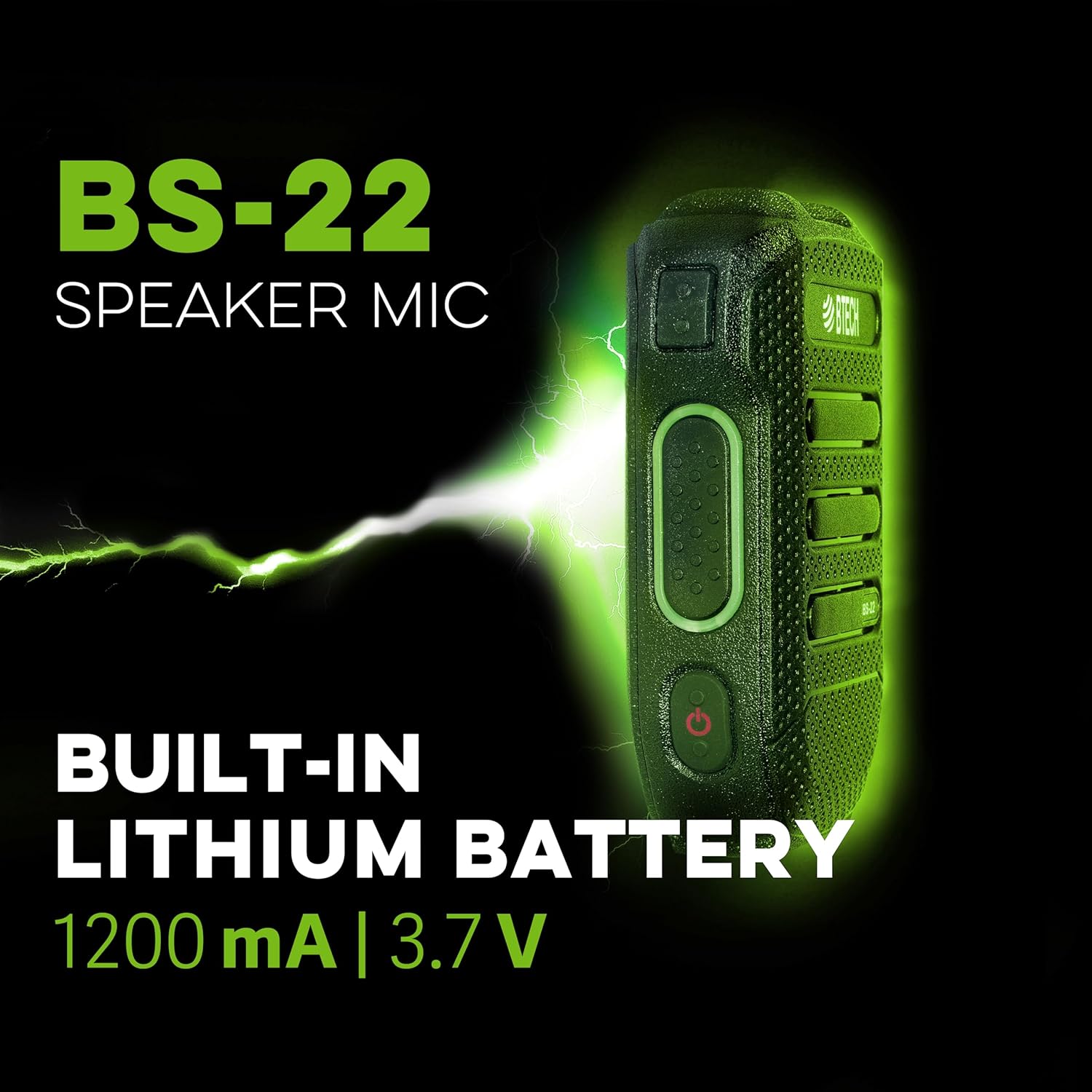 Side view of the BTECH BS-22 Wireless Speaker Mic highlighting its built-in lithium battery specifications