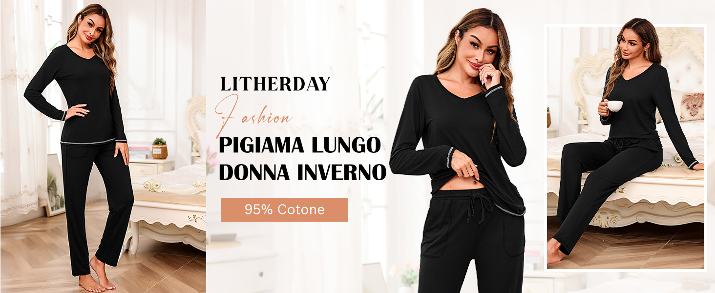 Litherday Pigiama Donna Cotone Invernale 2 Pezzi - Set da Notte Morbido con Collo a V, Pantaloni con Tasche - Pigiama Leggero e Comodo per Casa Blu Pavone XL